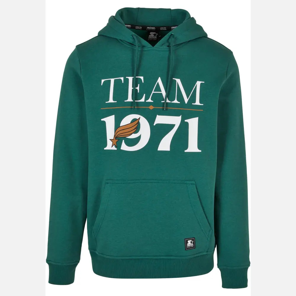 Men's Team 1971 Hoodie featuring a bold print, kangaroo pocket, and drawstring hood in a casual style.