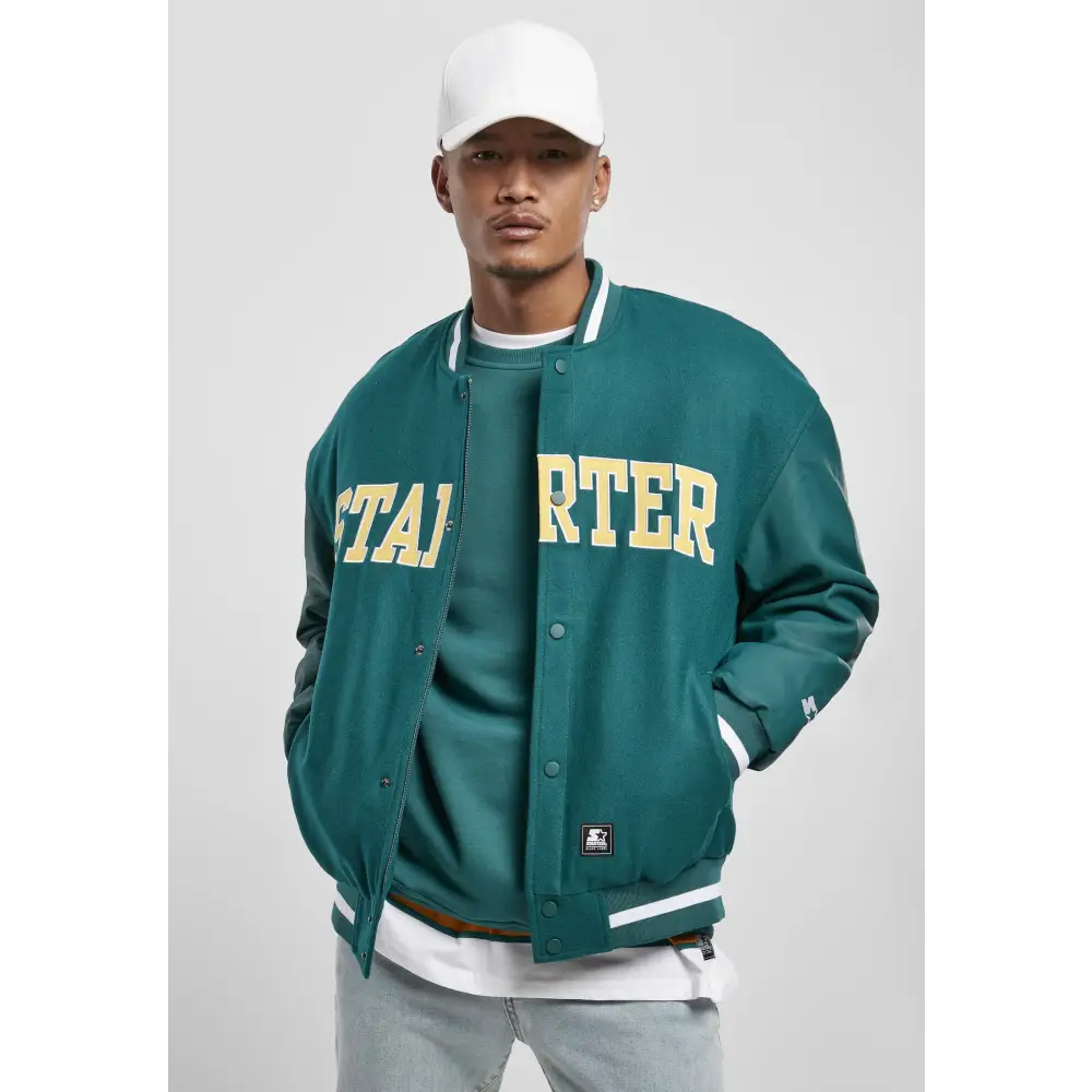 Men's Team Authentic Oldschool College Jacket featuring contrasting sleeves, embroidered branding, and sporty striped cuffs.