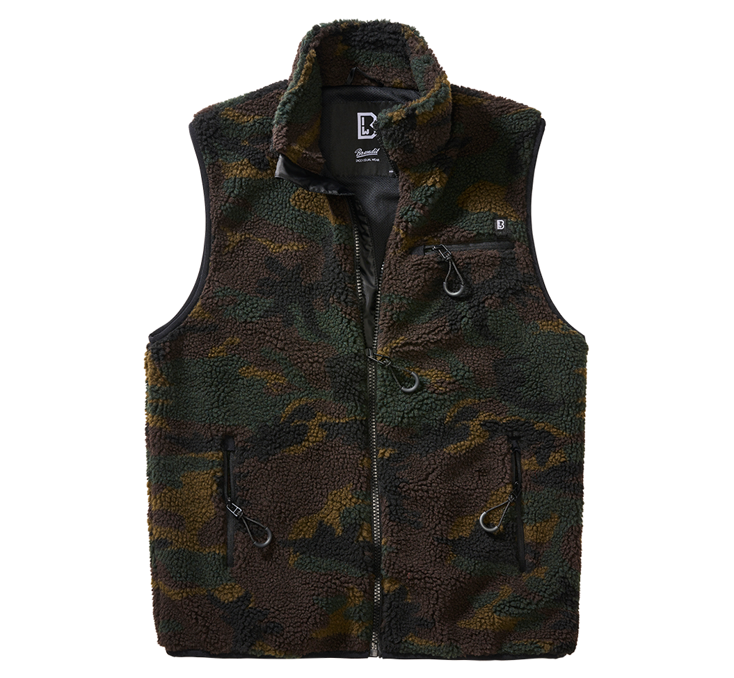 Cozy Teddy Fleece Vest with deep-pile fleece exterior and breathable mesh lining, featuring multiple zippered pockets and a stand-up collar.