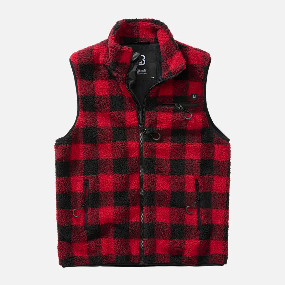 Cozy Teddy Fleece Vest with deep-pile fleece exterior and breathable mesh lining, featuring multiple zippered pockets and a stand-up collar.