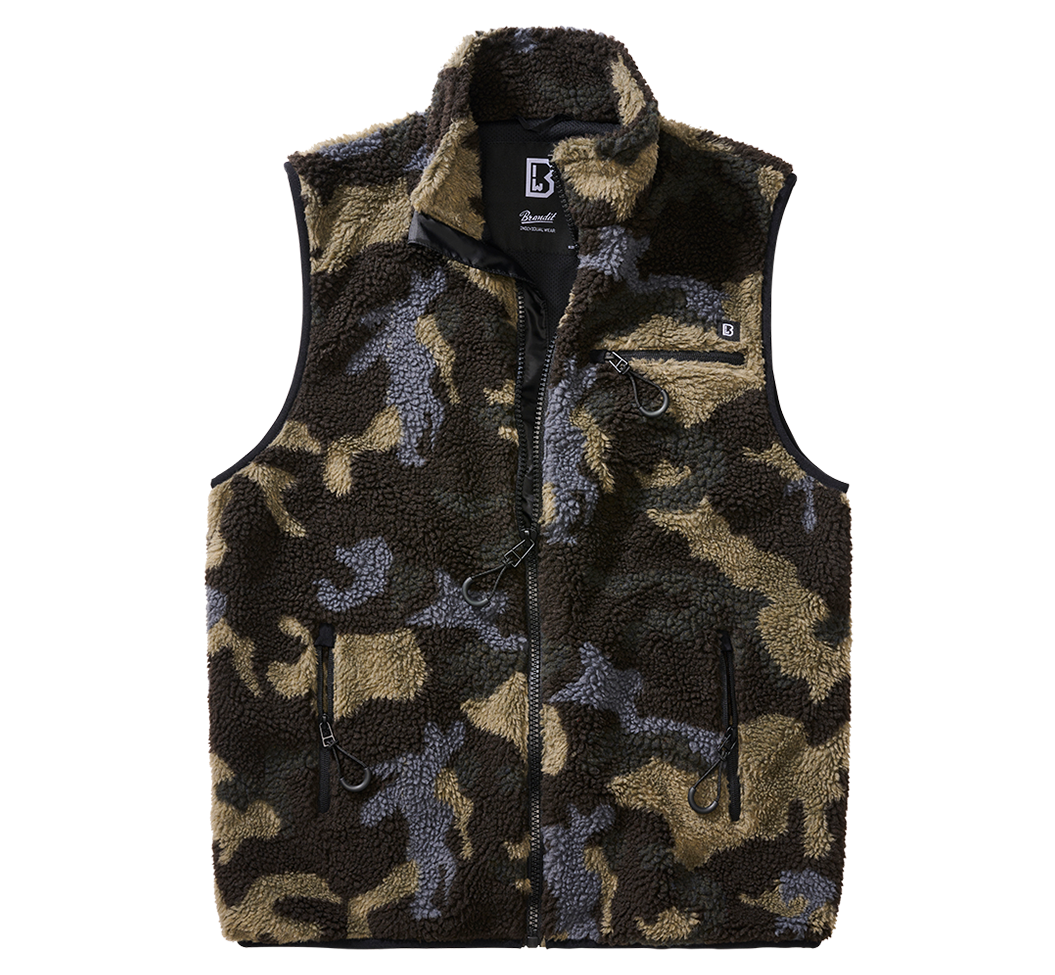 Cozy Teddy Fleece Vest with deep-pile fleece exterior and breathable mesh lining, featuring multiple zippered pockets and a stand-up collar.