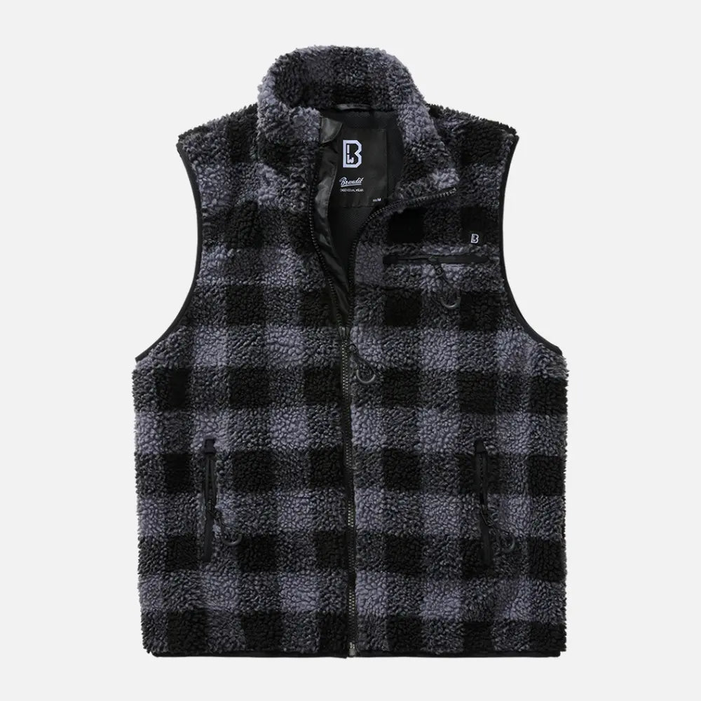 Cozy Teddy Fleece Vest with deep-pile fleece exterior and breathable mesh lining, featuring multiple zippered pockets and a stand-up collar.