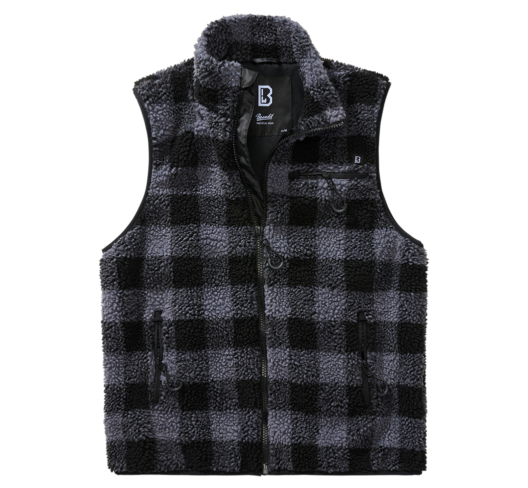 Cozy Teddy Fleece Vest with deep-pile fleece exterior and breathable mesh lining, featuring multiple zippered pockets and a stand-up collar.