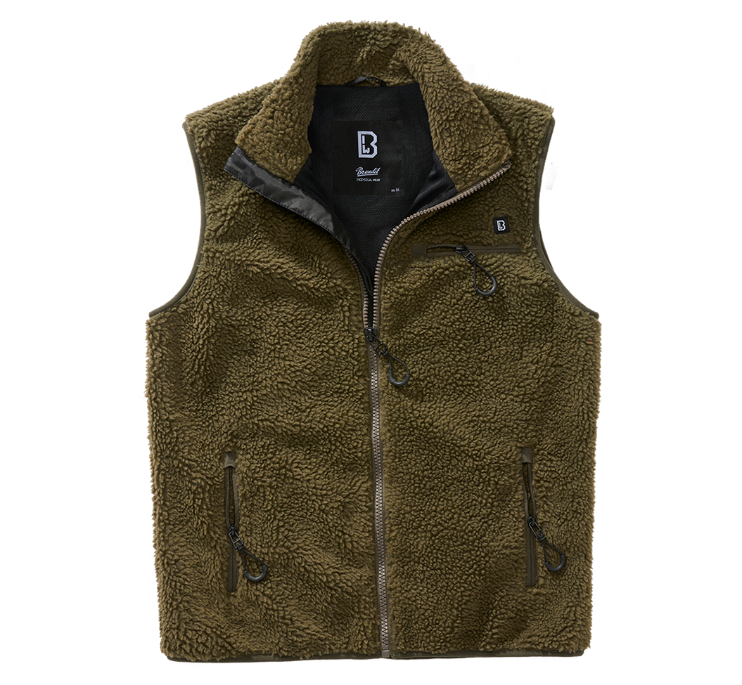 Cozy Teddy Fleece Vest with deep-pile fleece exterior and breathable mesh lining, featuring multiple zippered pockets and a stand-up collar.