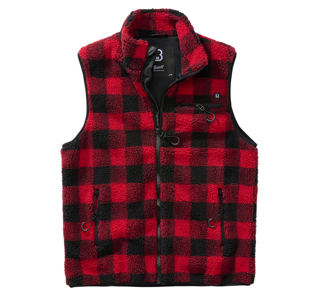 Cozy Teddy Fleece Vest with deep-pile fleece exterior and breathable mesh lining, featuring multiple zippered pockets and a stand-up collar.