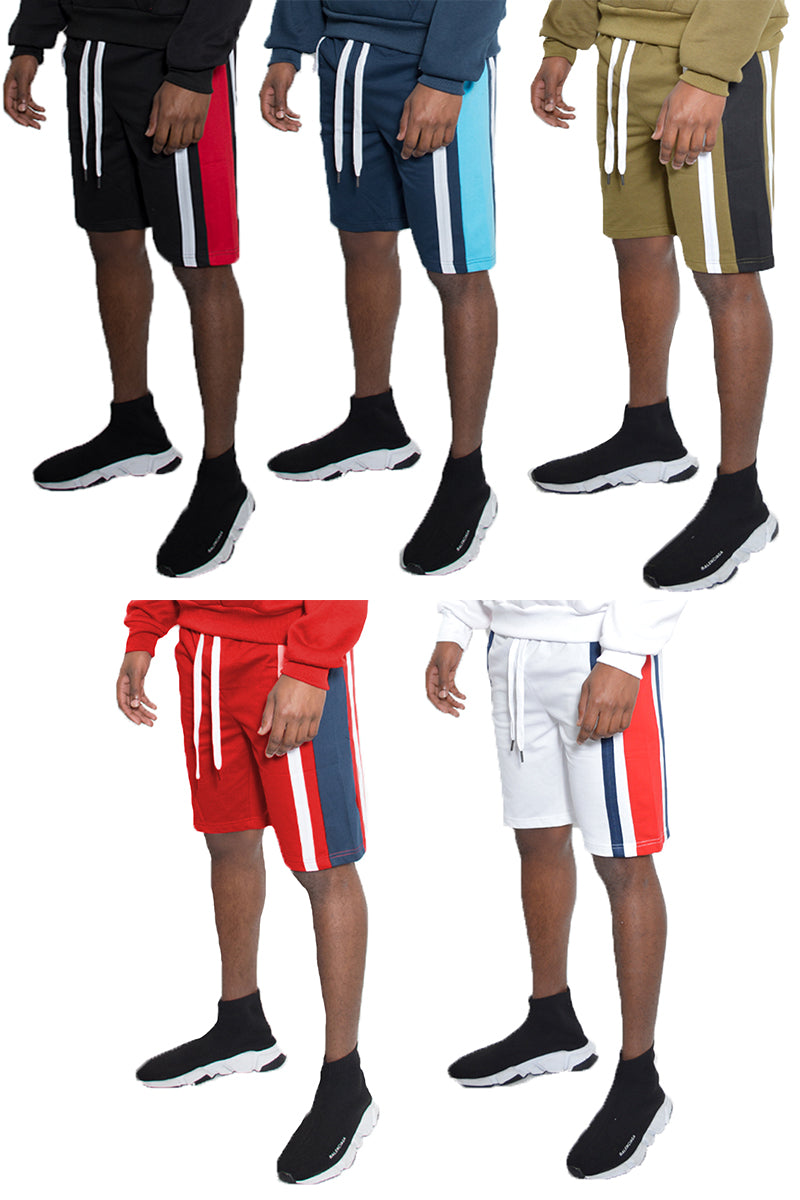 Teddy French Terry Shorts featuring color block stripes and elastic waist with drawstring, perfect for casual wear.