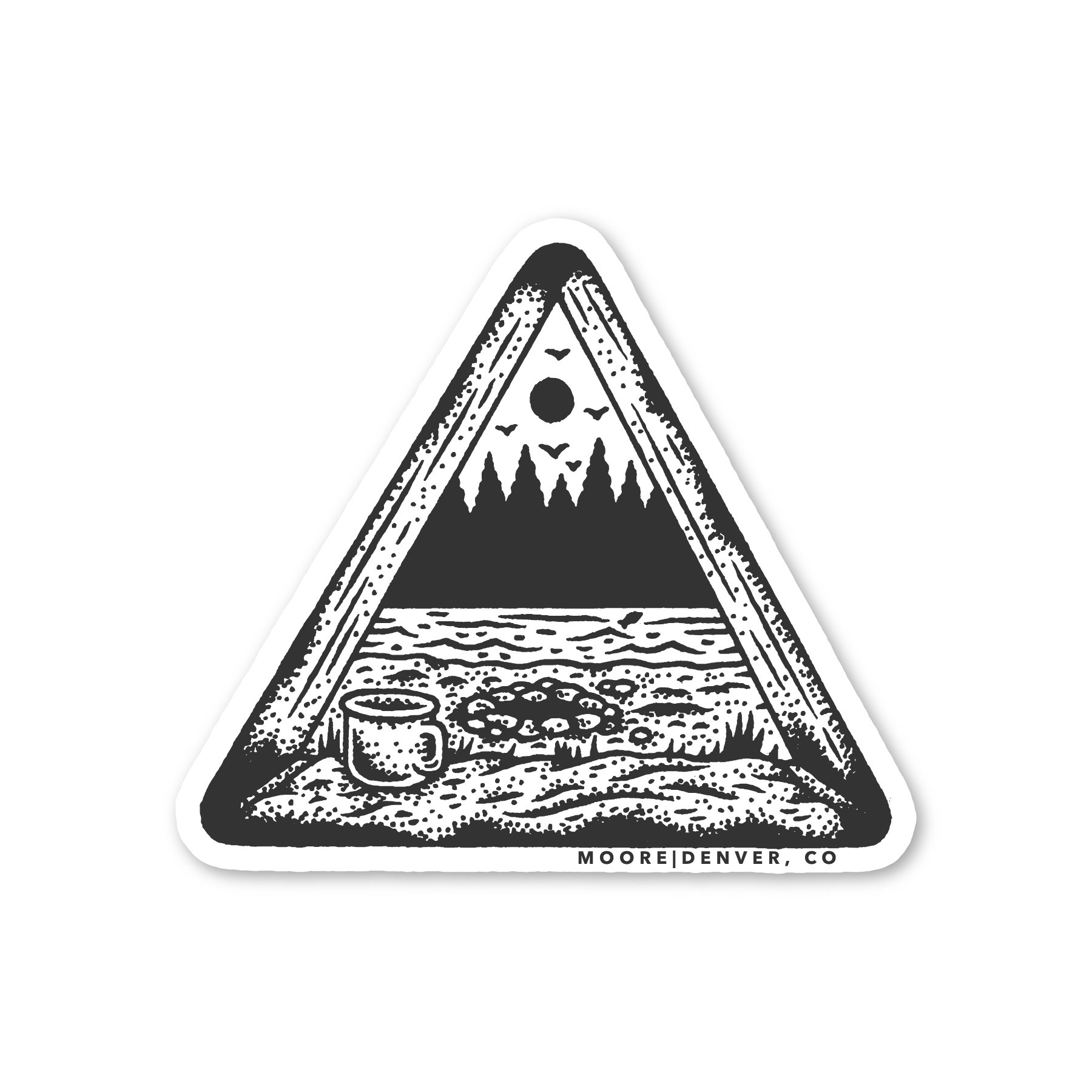 A waterproof vinyl sticker featuring a scenic tent view, designed with a matte finish, perfect for outdoor enthusiasts.