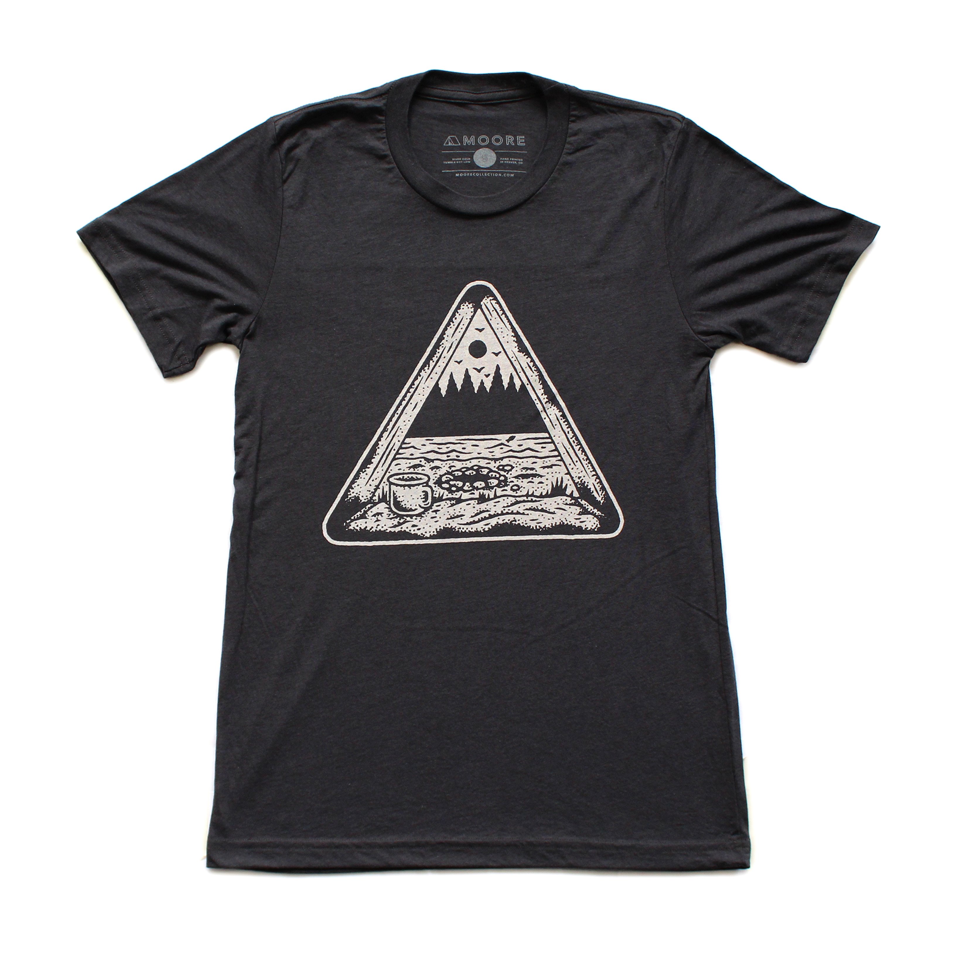 Dark gray Tent View Tee featuring a camping design printed in white water-based ink, made from a soft tri-blend fabric.