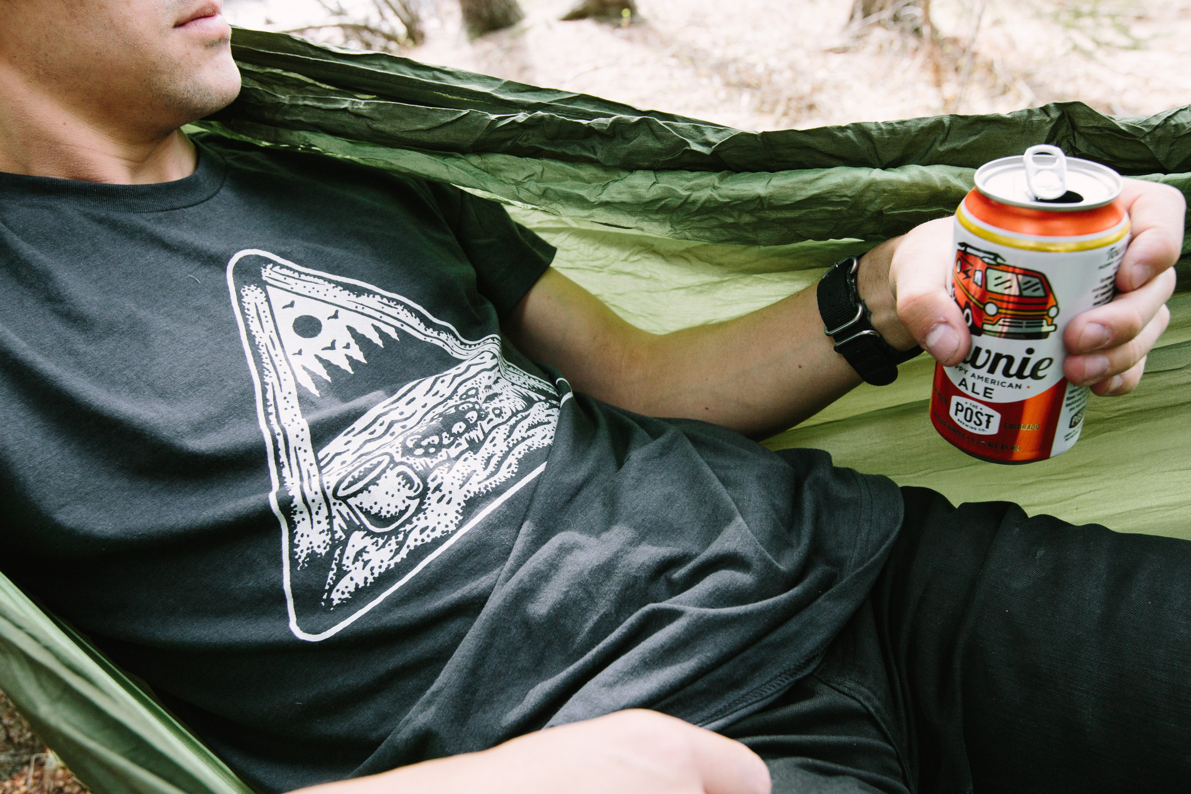 Dark gray Tent View Tee featuring a camping design printed in white water-based ink, made from a soft tri-blend fabric.