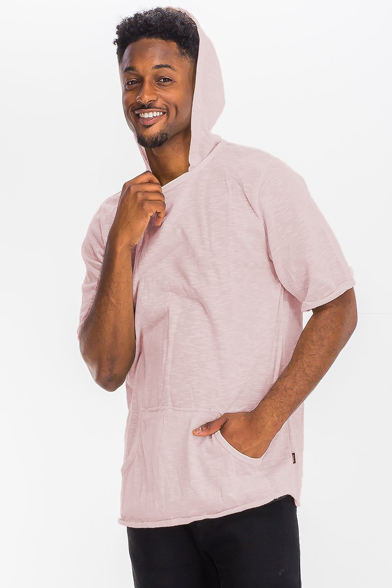 A stylish TERRY SHORT SLEEVE HOODED SHIRT featuring a hood, kangaroo pocket, and raw edge cut sleeves in a heathered fabric.