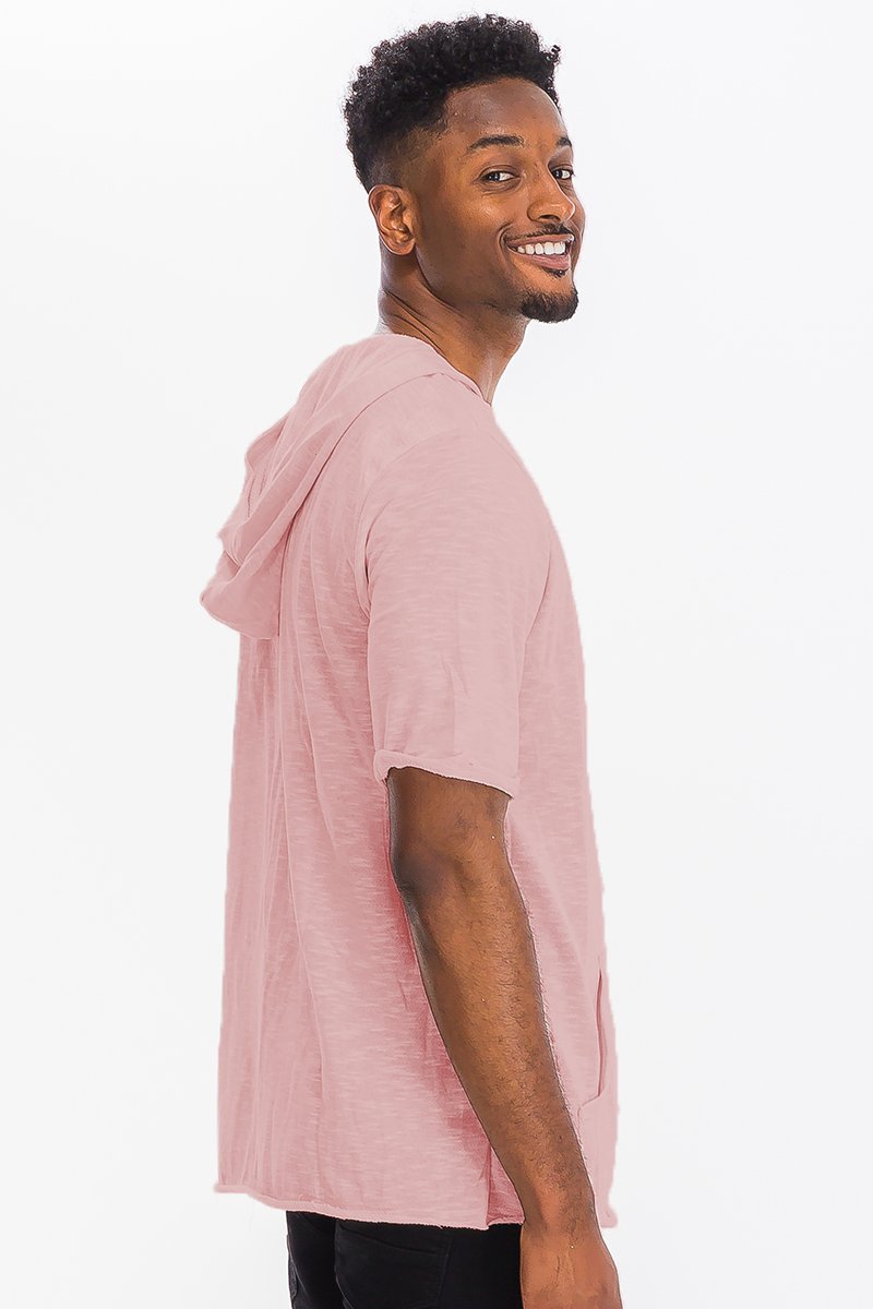 A stylish TERRY SHORT SLEEVE HOODED SHIRT featuring a hood, kangaroo pocket, and raw edge cut sleeves in a heathered fabric.