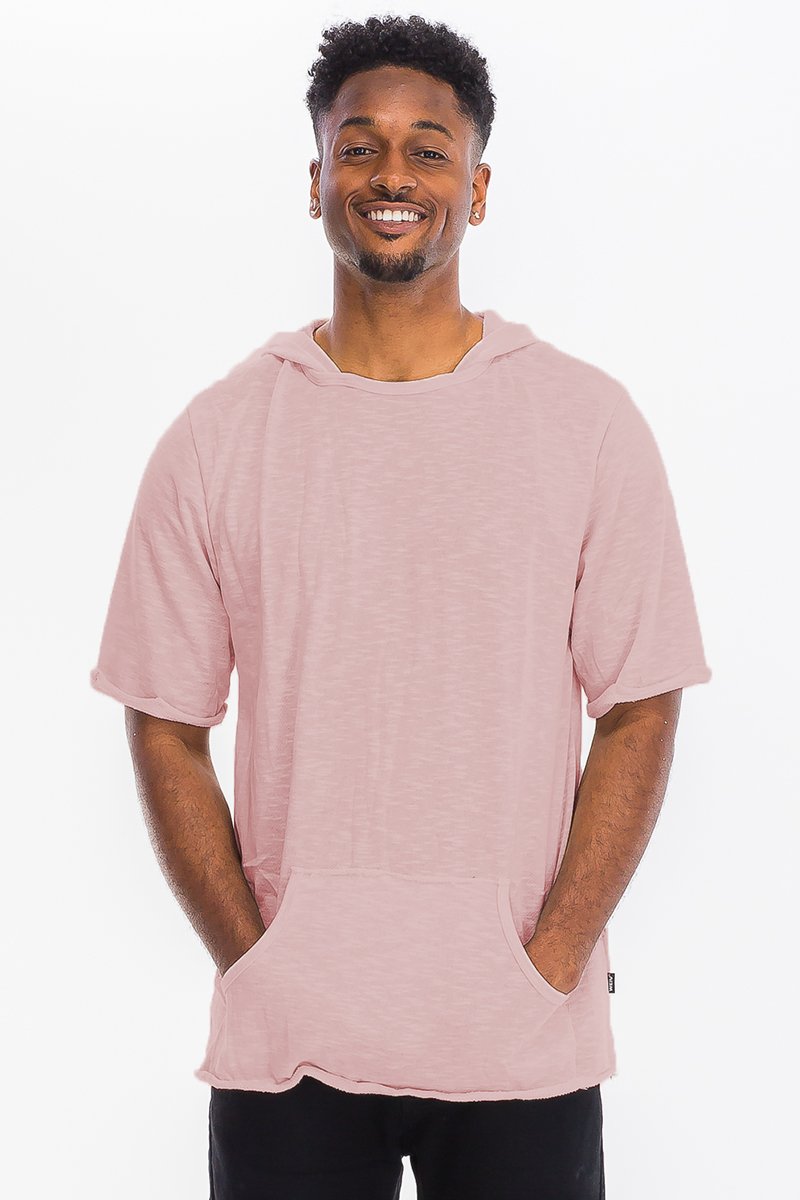 A stylish TERRY SHORT SLEEVE HOODED SHIRT featuring a hood, kangaroo pocket, and raw edge cut sleeves in a heathered fabric.