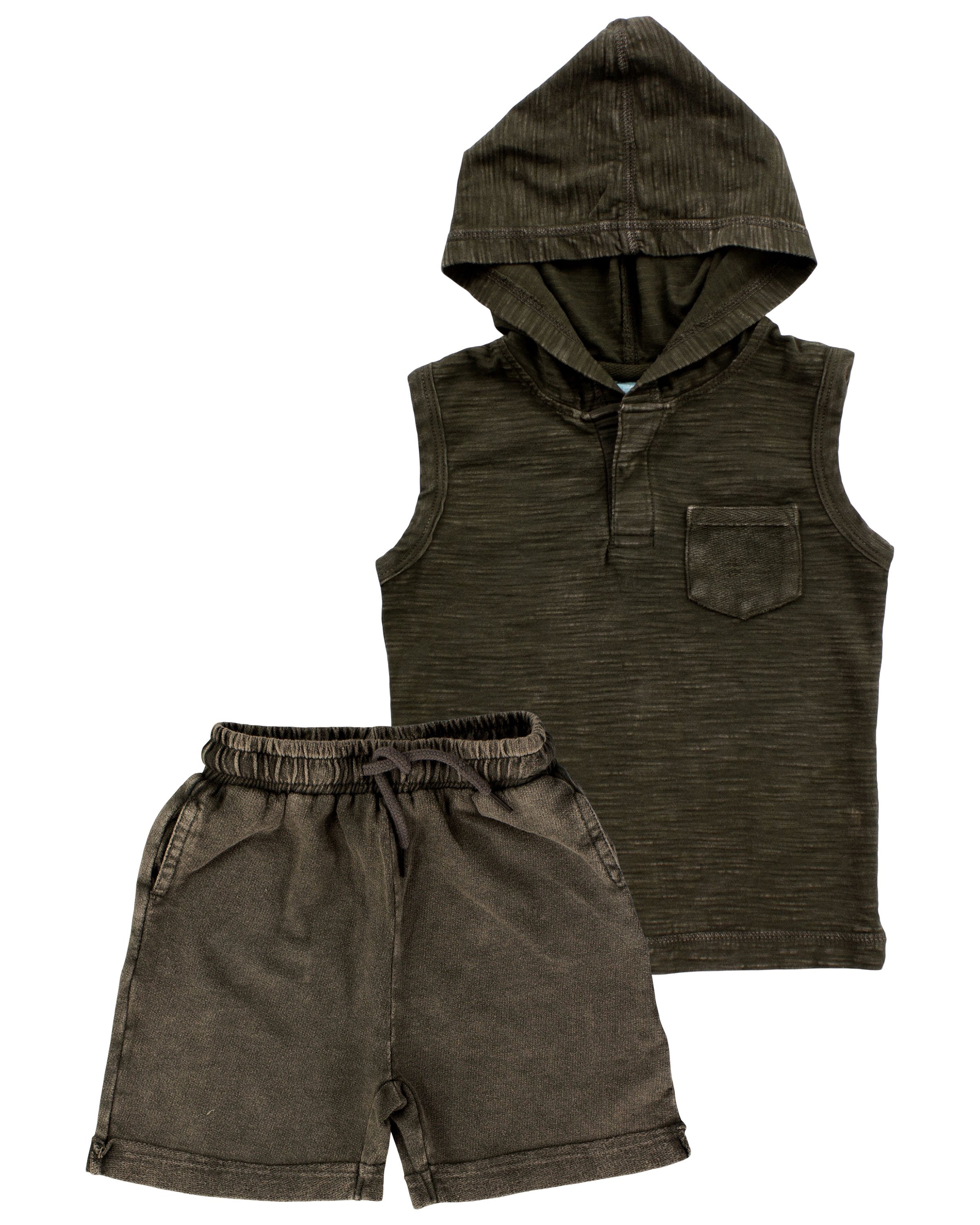 The Sand Box Bundle featuring a stylish Henley tank top and comfortable jogger shorts, perfect for casual wear.