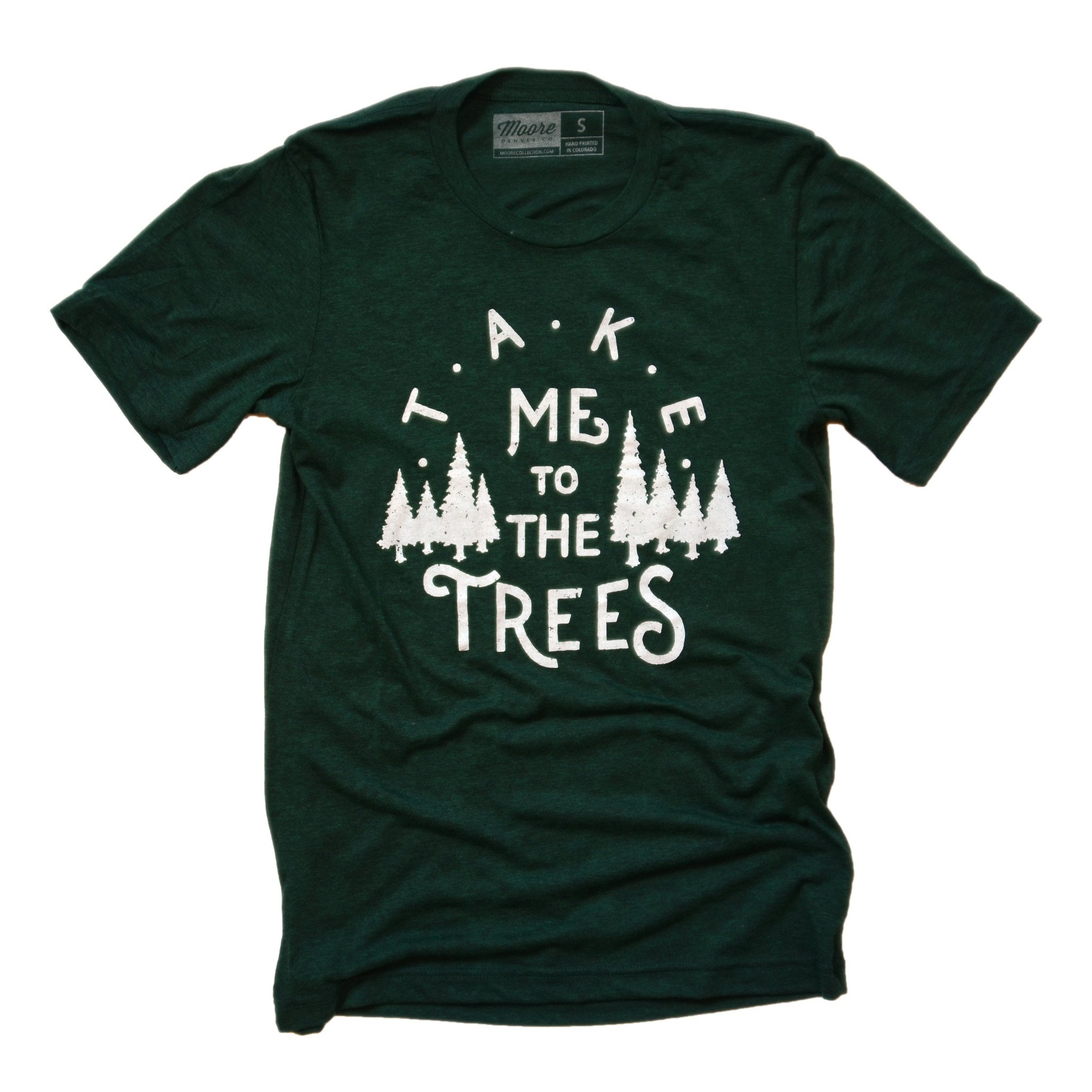 Emerald green Trees Tee featuring a nature-inspired design, hand screen printed with white water-based ink.