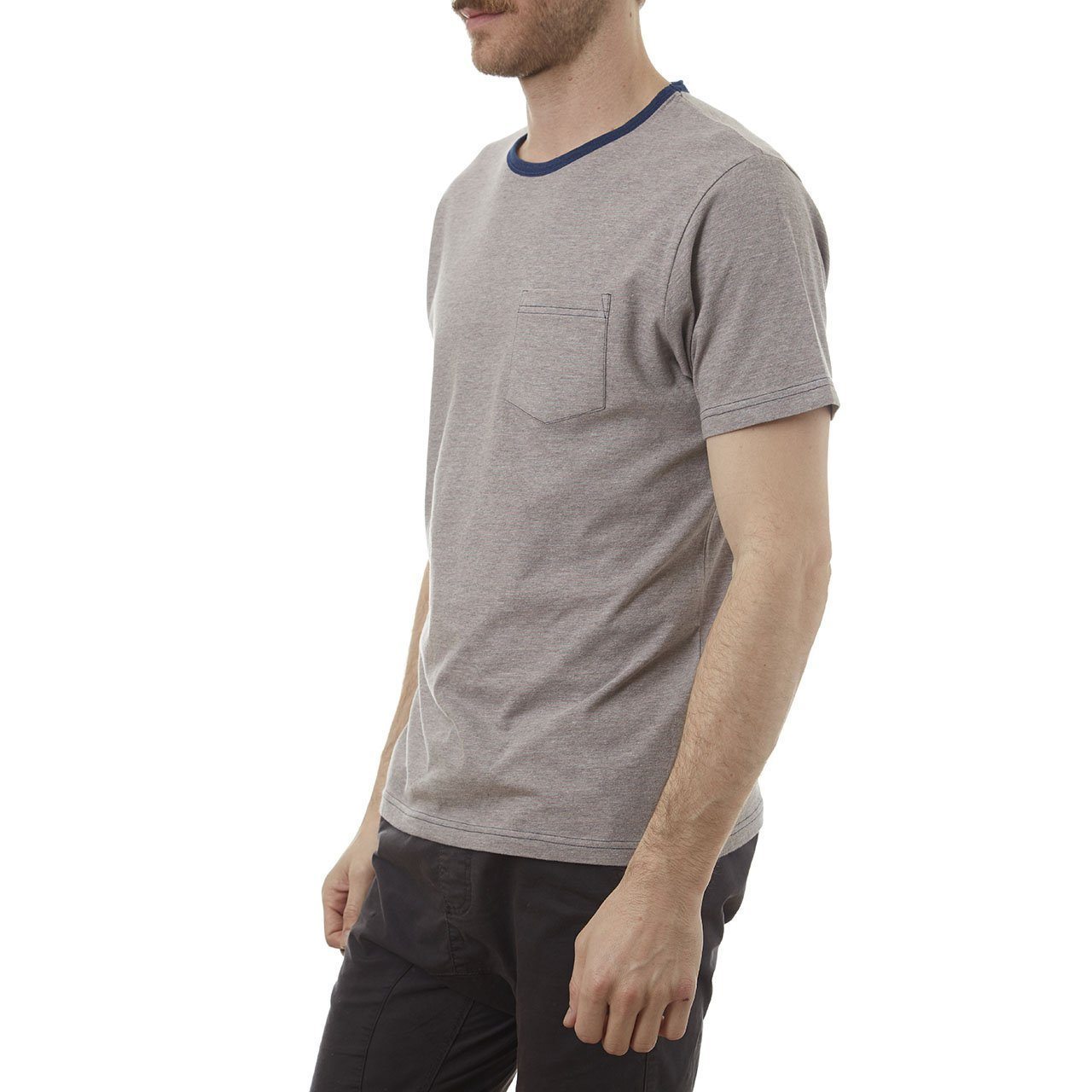 Theo Striped Tee featuring short sleeves, yarn-dyed stripes, and a patch pocket, made from 80% cotton and 20% polyester.