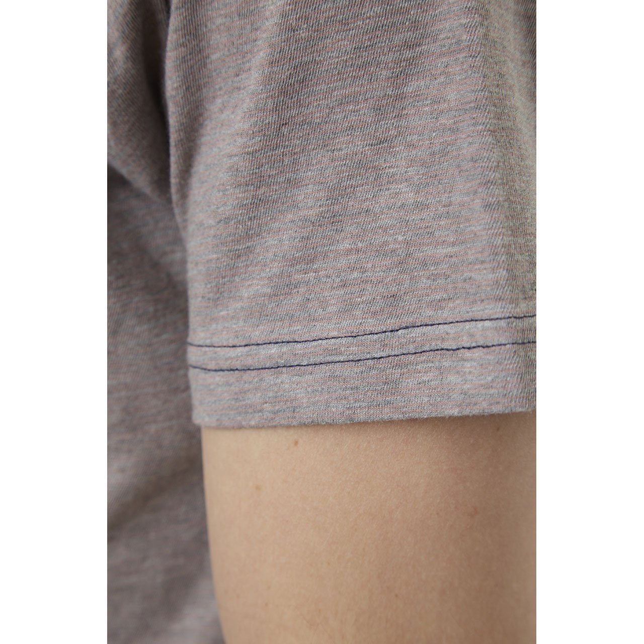 Theo Striped Tee featuring short sleeves, yarn-dyed stripes, and a patch pocket, made from 80% cotton and 20% polyester.