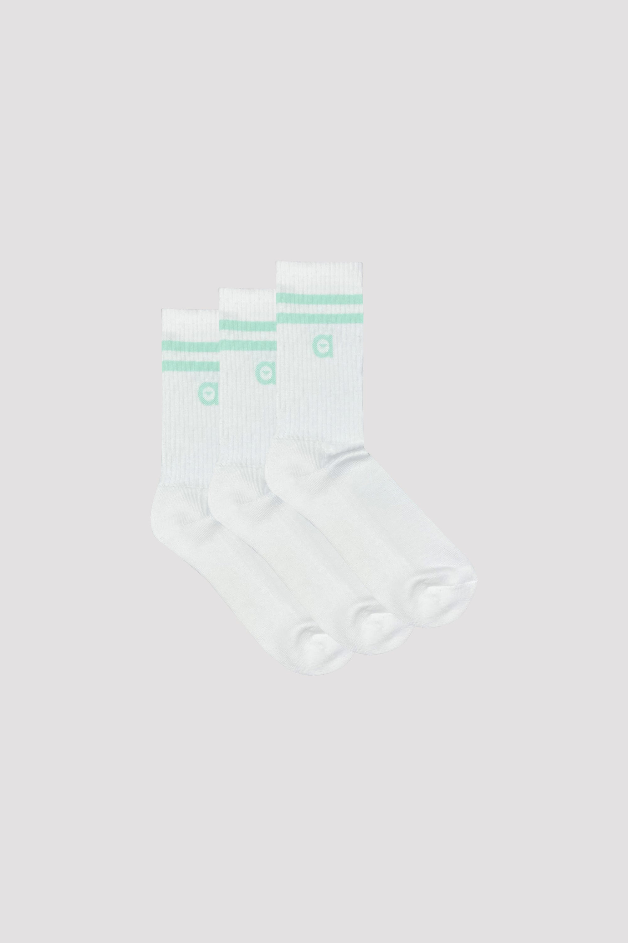 Three pairs of mint striped socks in a pack, showcasing their soft fabric and stylish design.