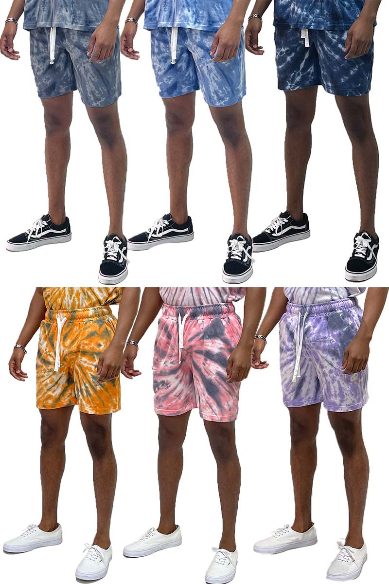 A pair of Tied Up Tye Dye Shorts featuring an elastic waist, drawstring, and pockets, showcasing a colorful tie-dye pattern.