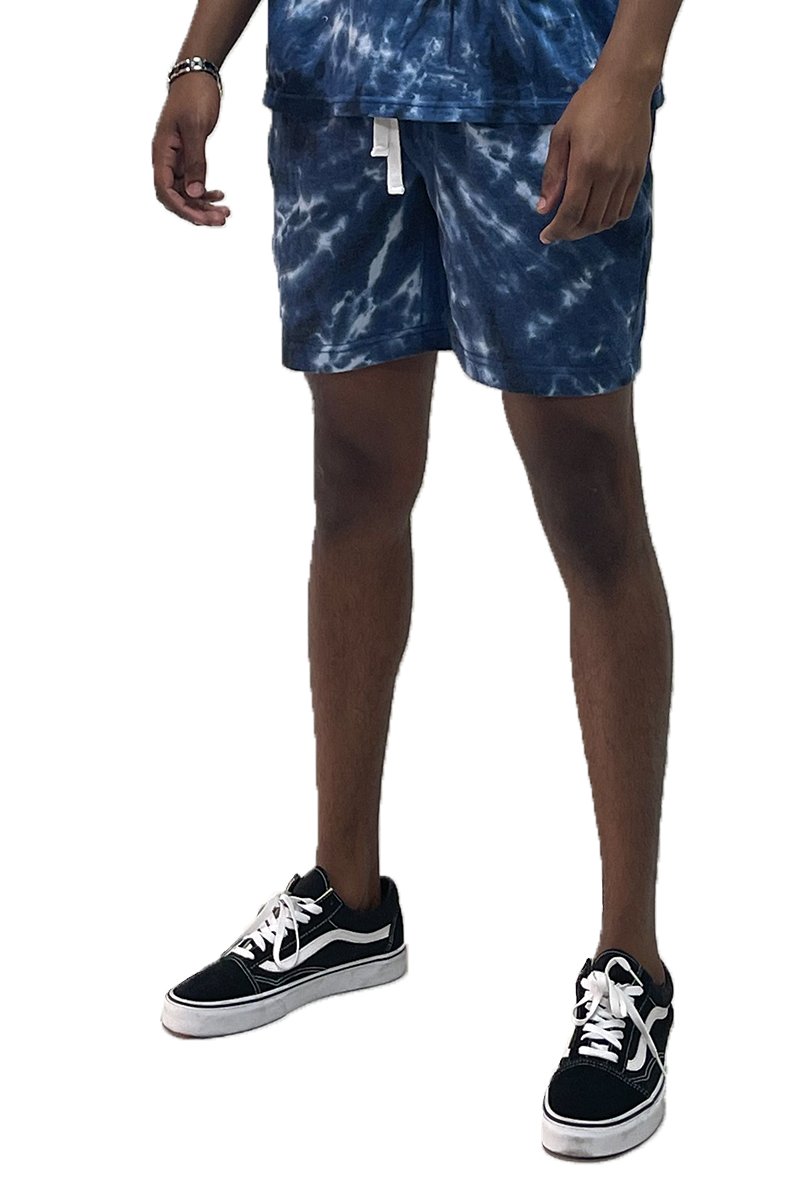 A pair of Tied Up Tye Dye Shorts featuring an elastic waist, drawstring, and pockets, showcasing a colorful tie-dye pattern.