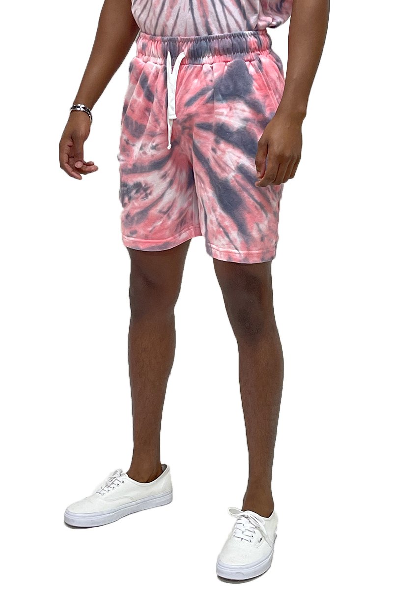 A pair of Tied Up Tye Dye Shorts featuring an elastic waist, drawstring, and pockets, showcasing a colorful tie-dye pattern.