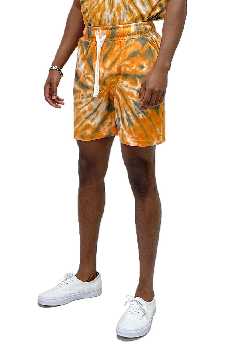 A pair of Tied Up Tye Dye Shorts featuring an elastic waist, drawstring, and pockets, showcasing a colorful tie-dye pattern.