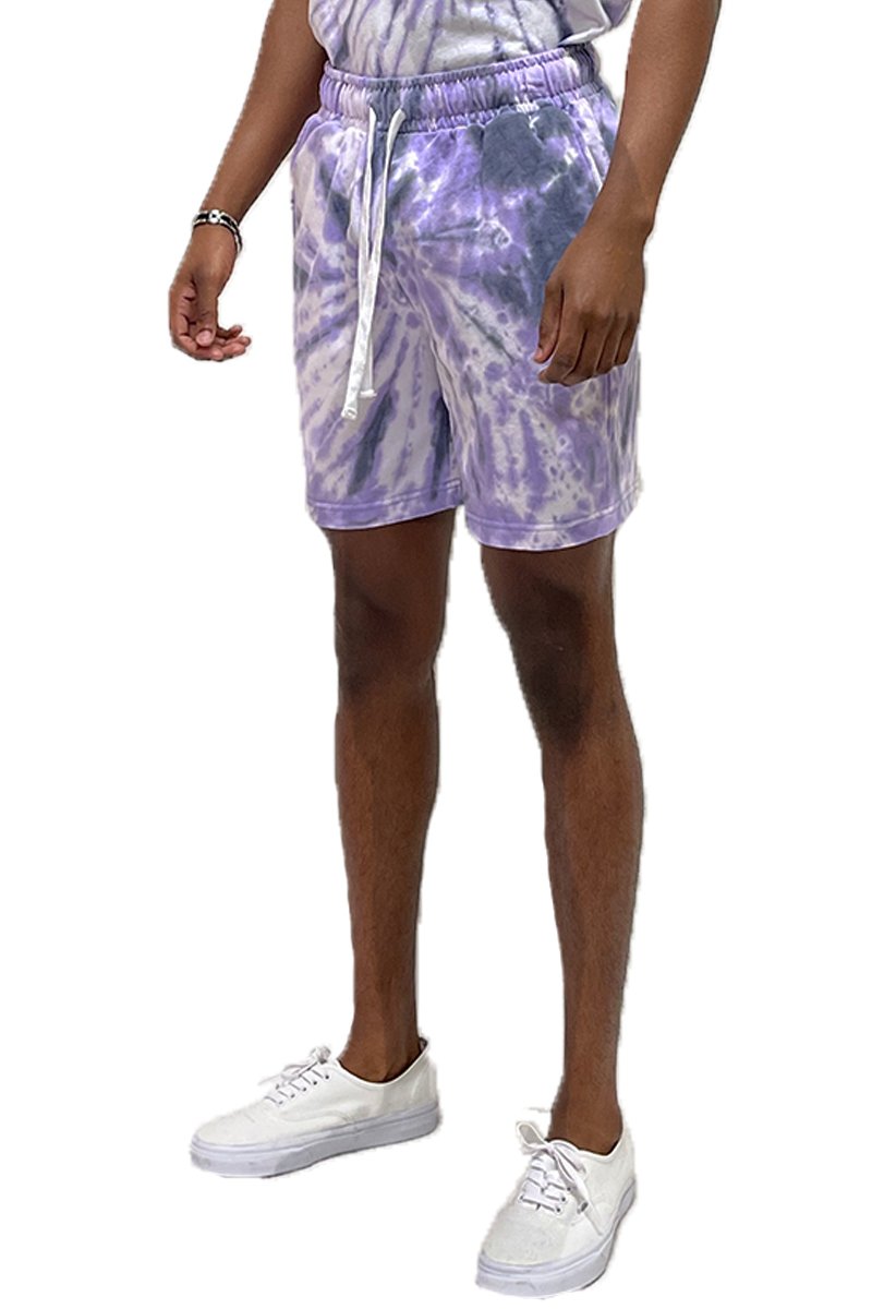 A pair of Tied Up Tye Dye Shorts featuring an elastic waist, drawstring, and pockets, showcasing a colorful tie-dye pattern.