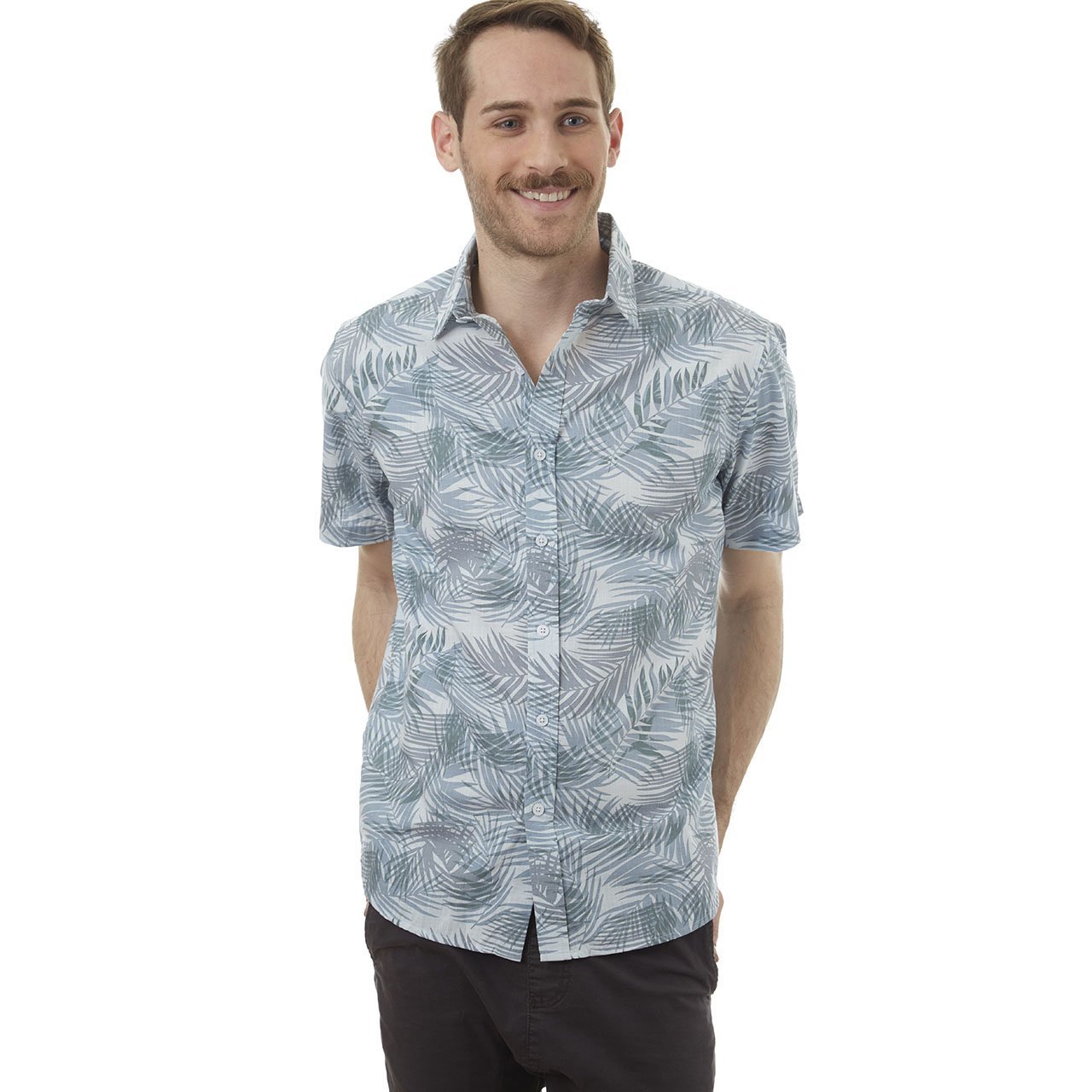 Toby Shirt featuring a vibrant palm leaves print, short sleeves, and a button-down design, made from 100% cotton.