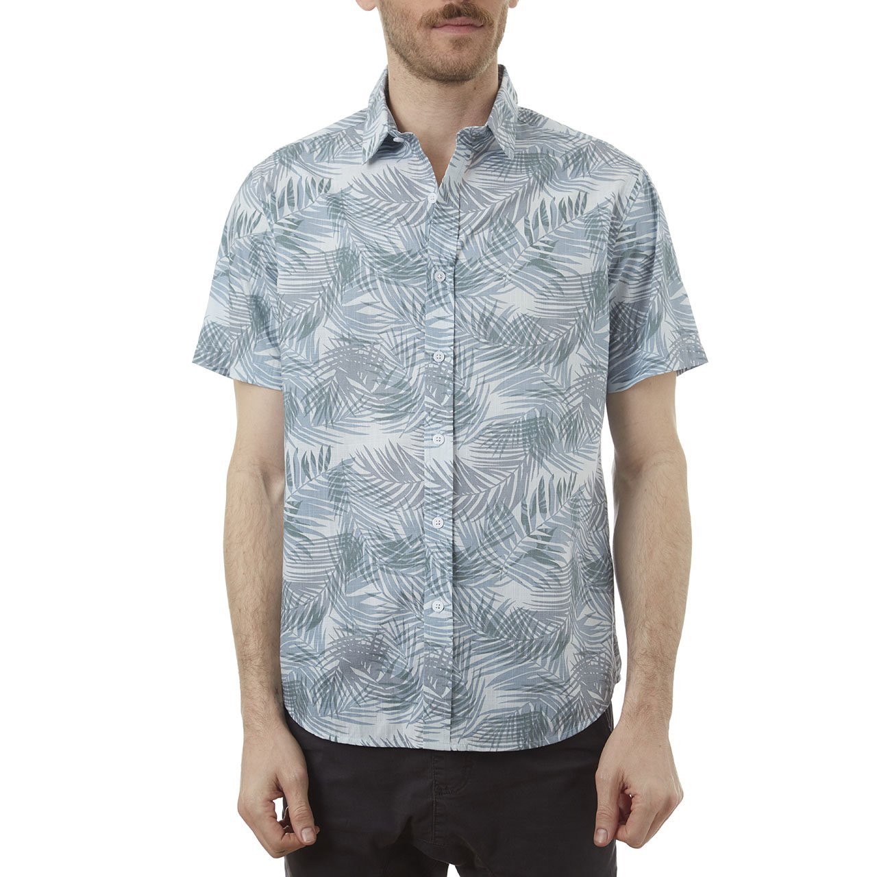 Toby Shirt featuring a vibrant palm leaves print, short sleeves, and a button-down design, made from 100% cotton.