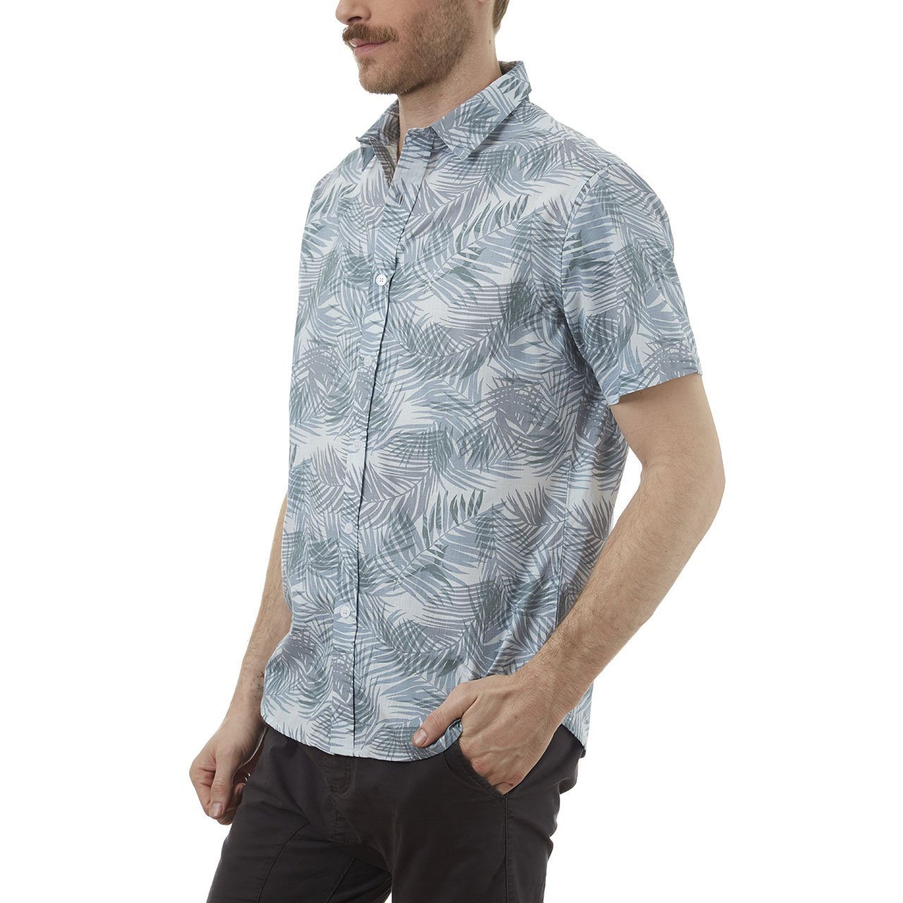 Toby Shirt featuring a vibrant palm leaves print, short sleeves, and a button-down design, made from 100% cotton.