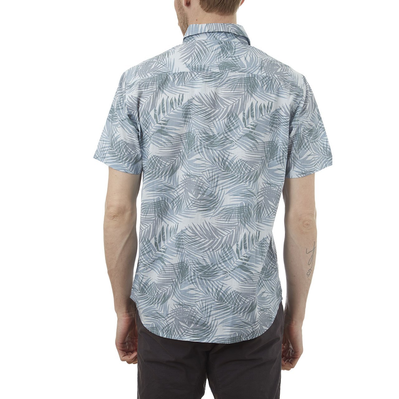 Toby Shirt featuring a vibrant palm leaves print, short sleeves, and a button-down design, made from 100% cotton.