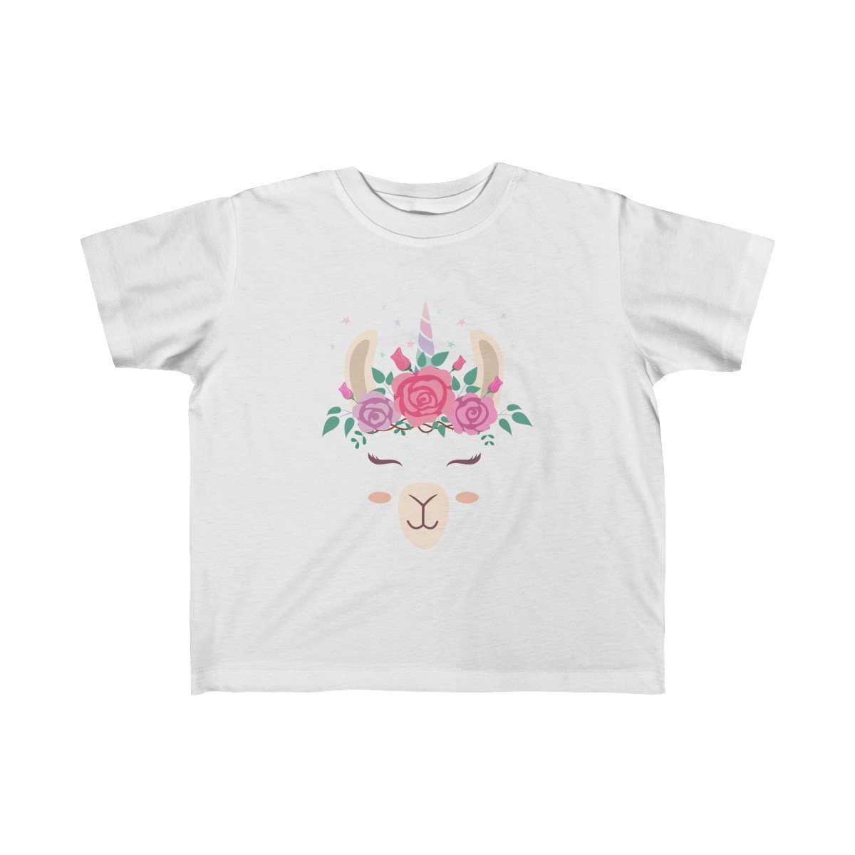 Toddler Floral Llama Unicorn Girls Tee featuring a colorful design with a llama and unicorn, perfect for sensitive skin.