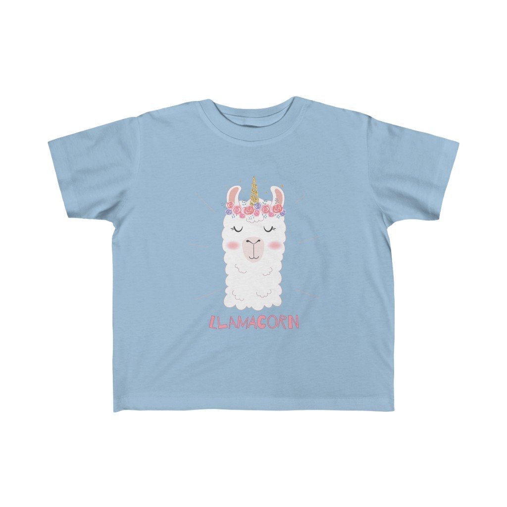 Toddler Llama Unicorn Girls Tee featuring a colorful llama and unicorn design on soft cotton fabric.