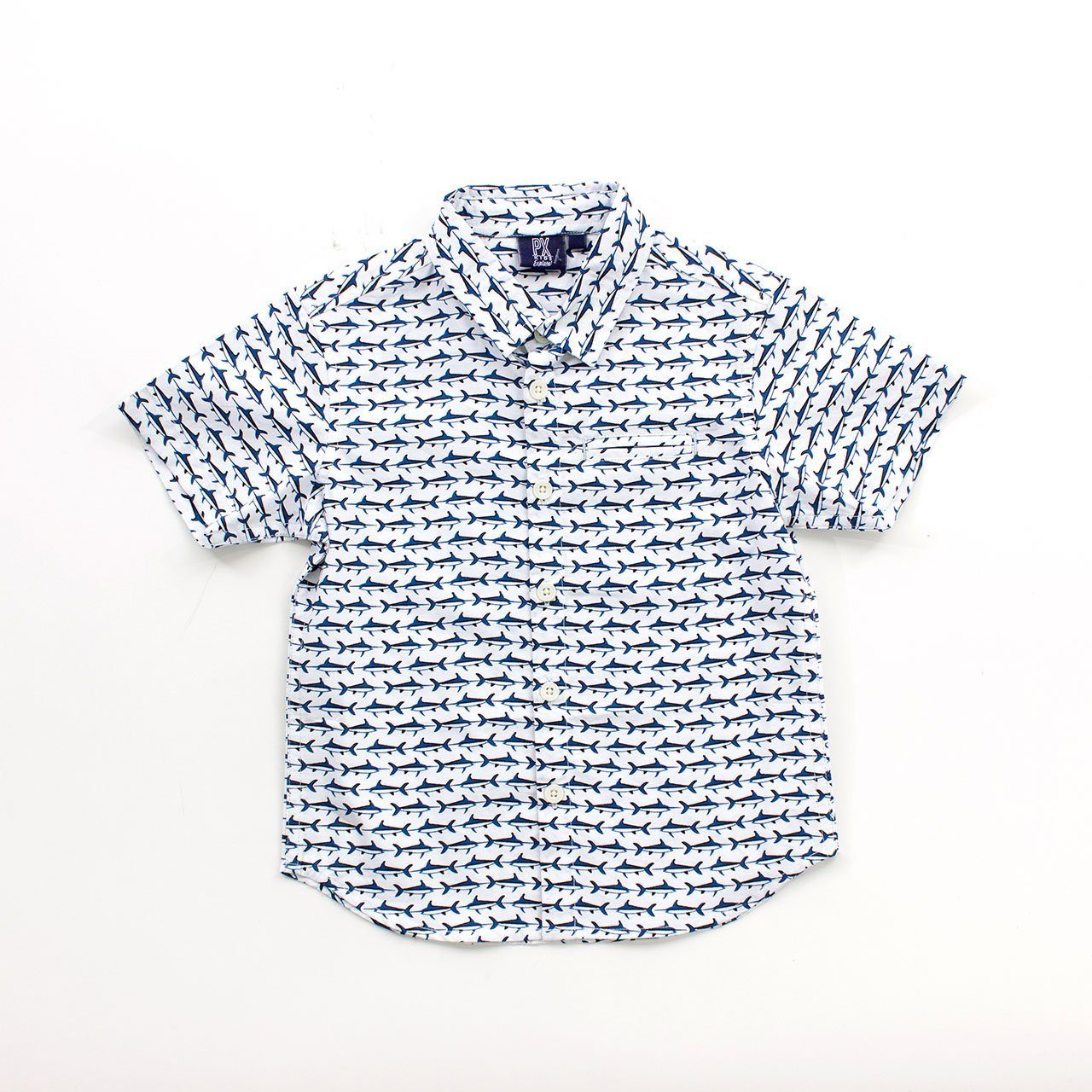 Tom Button Down Baby shirt featuring a playful shark print, lightweight and comfortable for young boys.