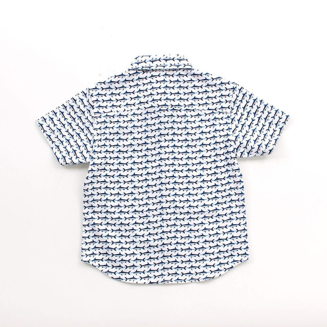 Tom Button Down Baby shirt featuring a playful shark print, lightweight and comfortable for young boys.