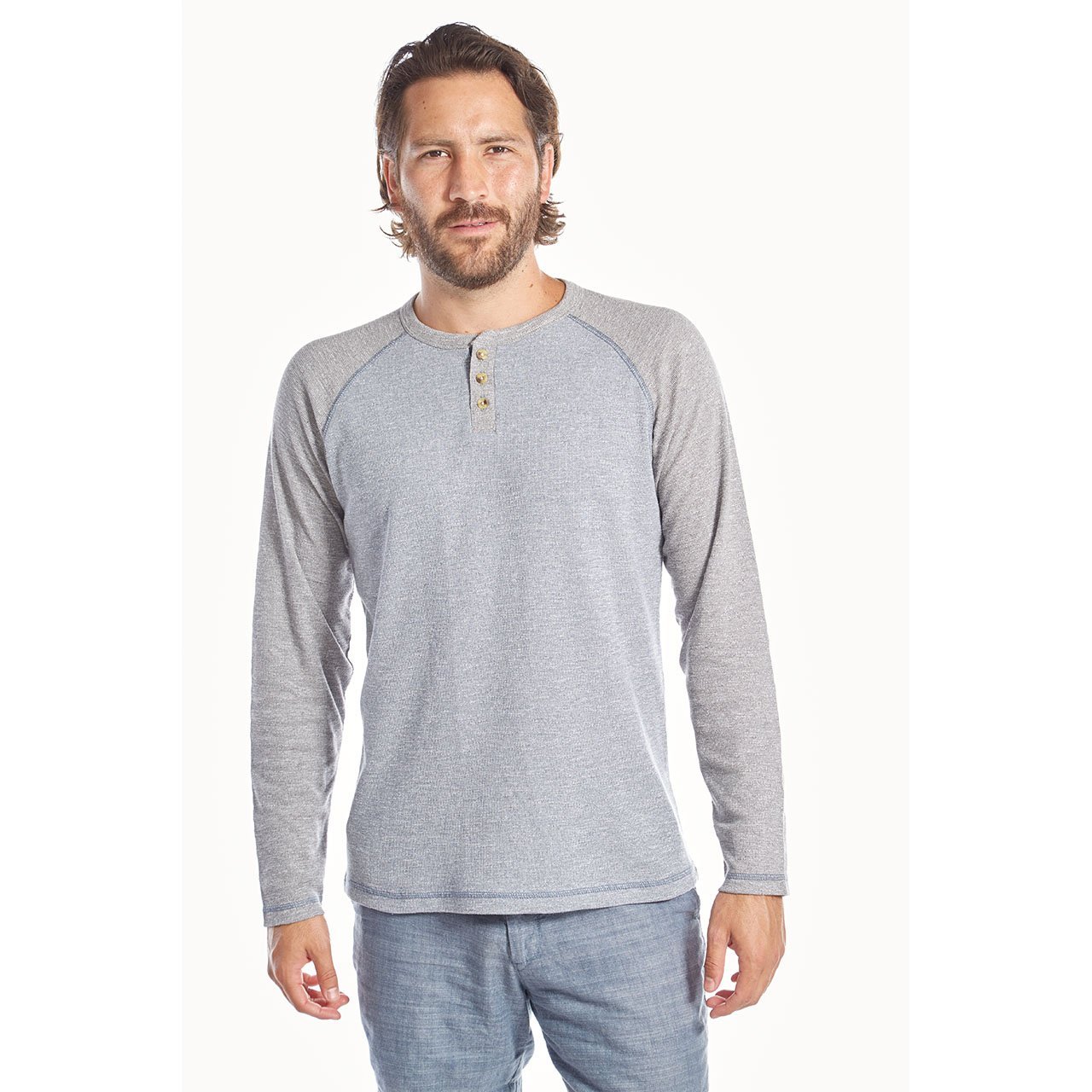 Tom Thermal Raglan Henley in a stylish design featuring long sleeves and a chambray lined placket, made from eco-friendly materials.