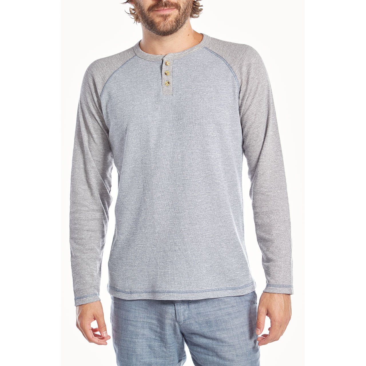 Tom Thermal Raglan Henley in a stylish design featuring long sleeves and a chambray lined placket, made from eco-friendly materials.