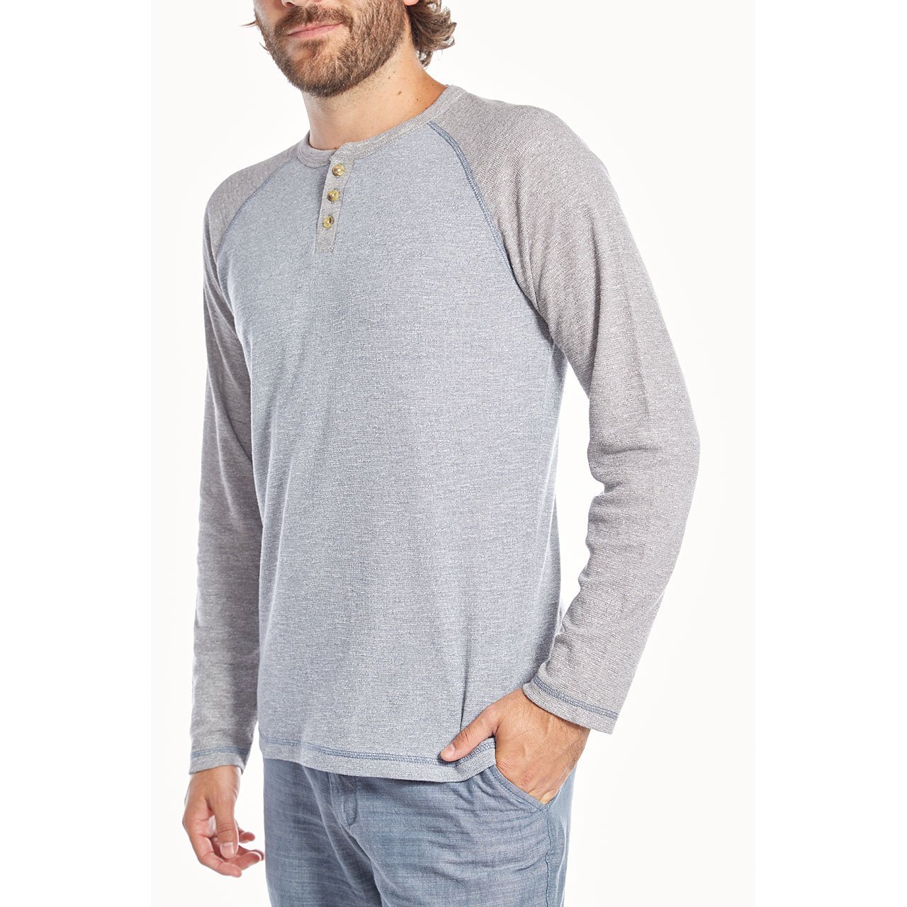 Tom Thermal Raglan Henley in a stylish design featuring long sleeves and a chambray lined placket, made from eco-friendly materials.