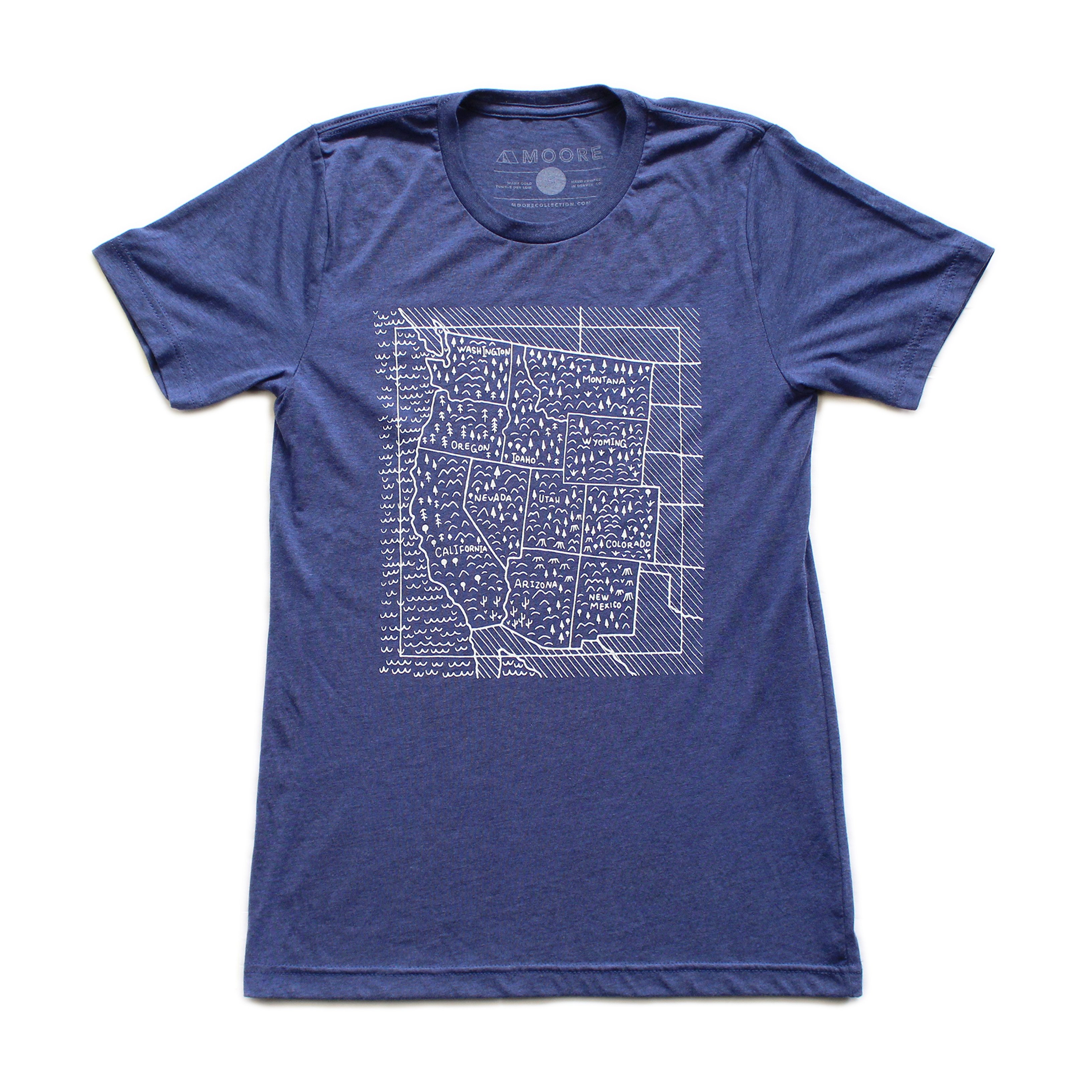 Navy Travel West Tee featuring white screen printed design, made from soft tri-blend fabric.