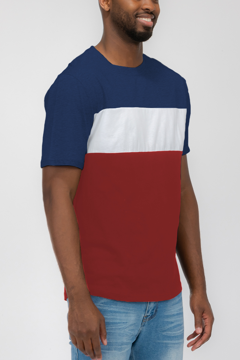 A stylish TRI COLOR BLOCK TSHIRT featuring a modern three color block design made from 100% cotton, perfect for casual wear.