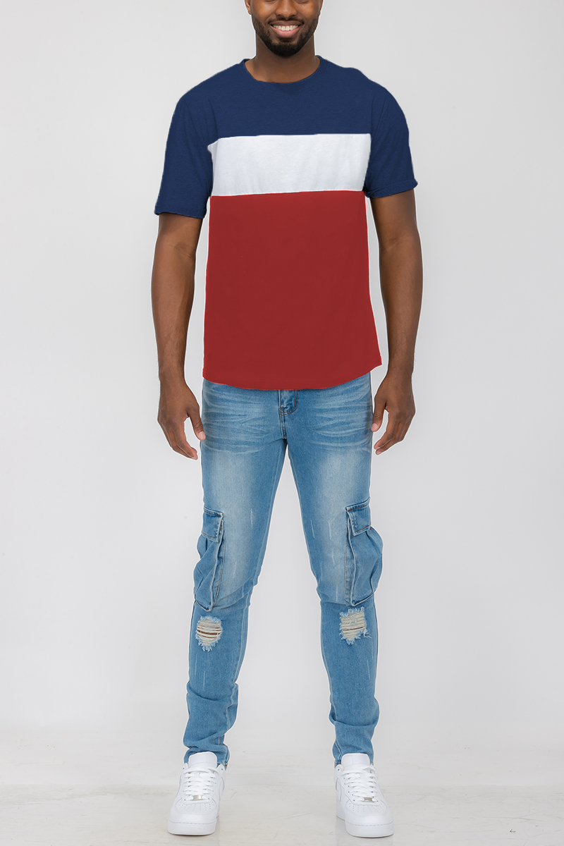 A stylish TRI COLOR BLOCK TSHIRT featuring a modern three color block design made from 100% cotton, perfect for casual wear.