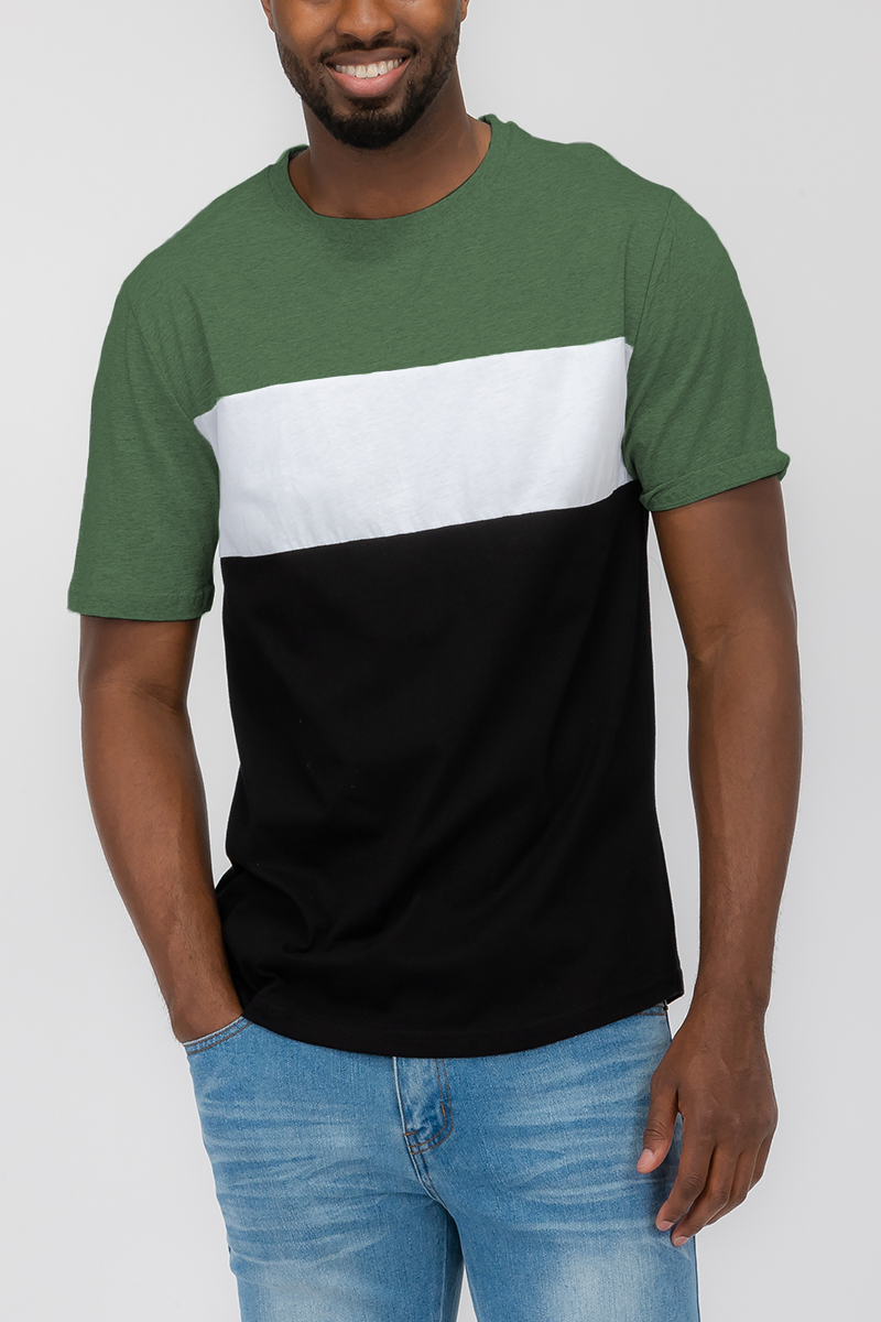 A stylish TRI COLOR BLOCK TSHIRT featuring a modern three color block design, made from 100% cotton for comfort.