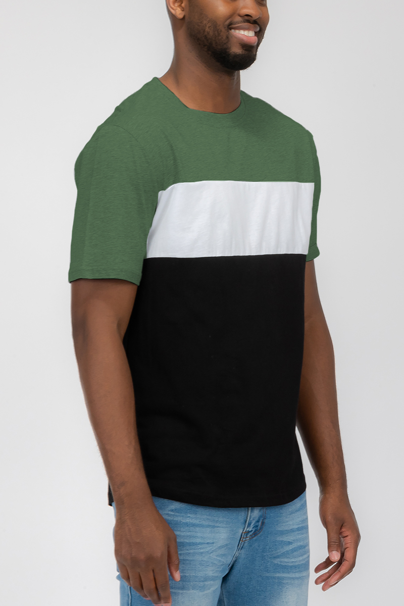 A stylish TRI COLOR BLOCK TSHIRT featuring a modern three color block design, made from 100% cotton for comfort.