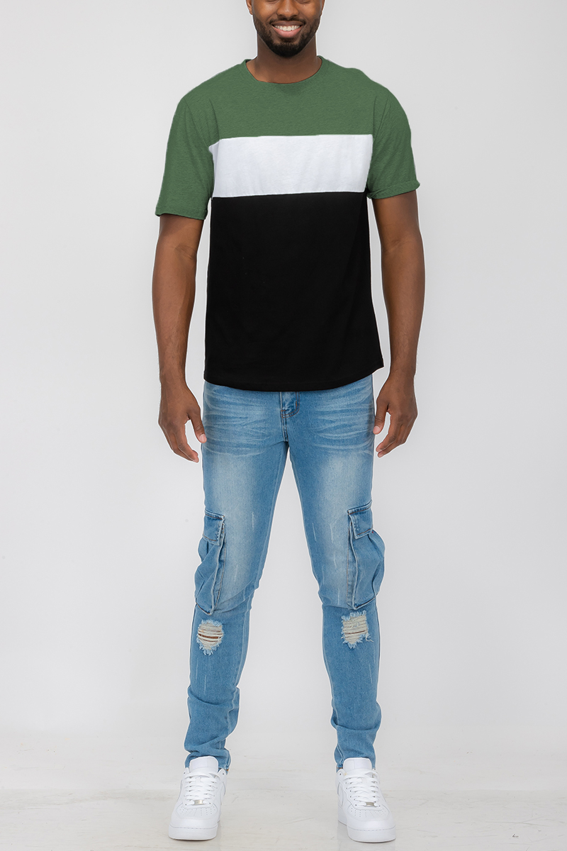 A stylish TRI COLOR BLOCK TSHIRT featuring a modern three color block design, made from 100% cotton for comfort.