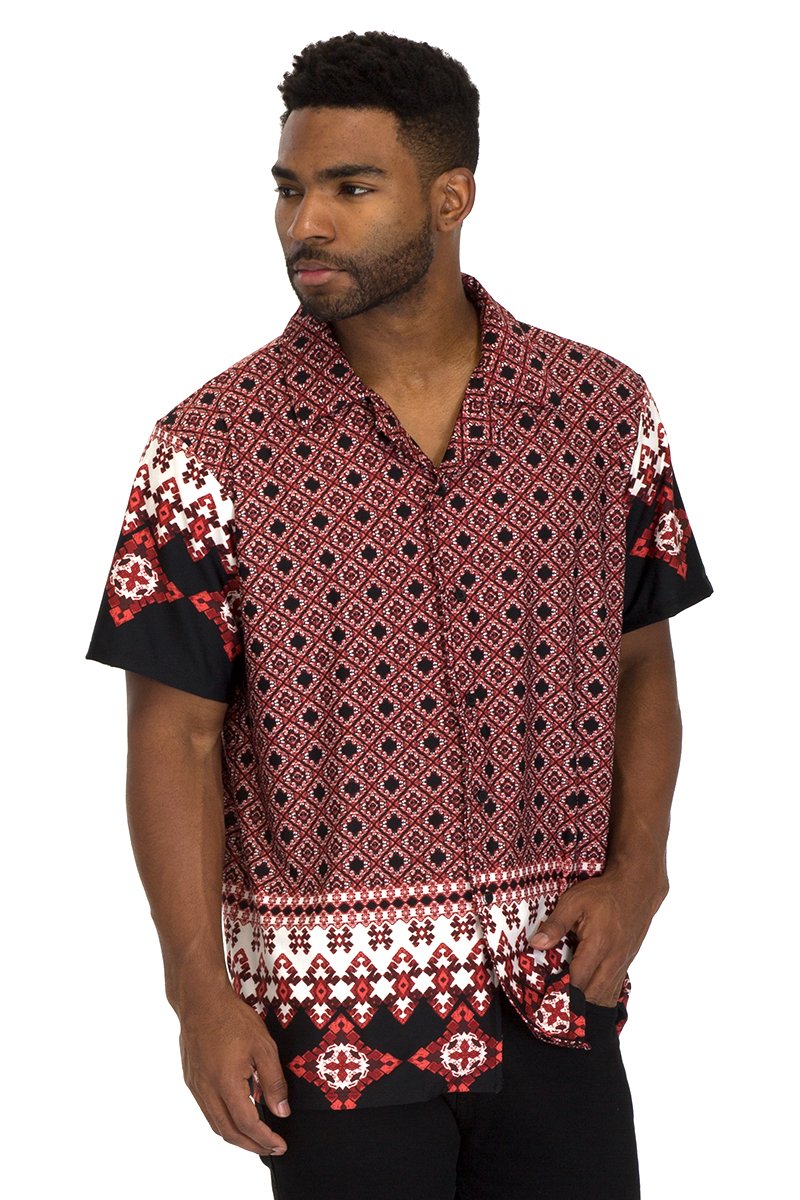 A stylish TRIBAL BUTTON DOWN SHIRT featuring a six-button closure and Cuban style fit, made from a comfortable polyester-spandex blend.