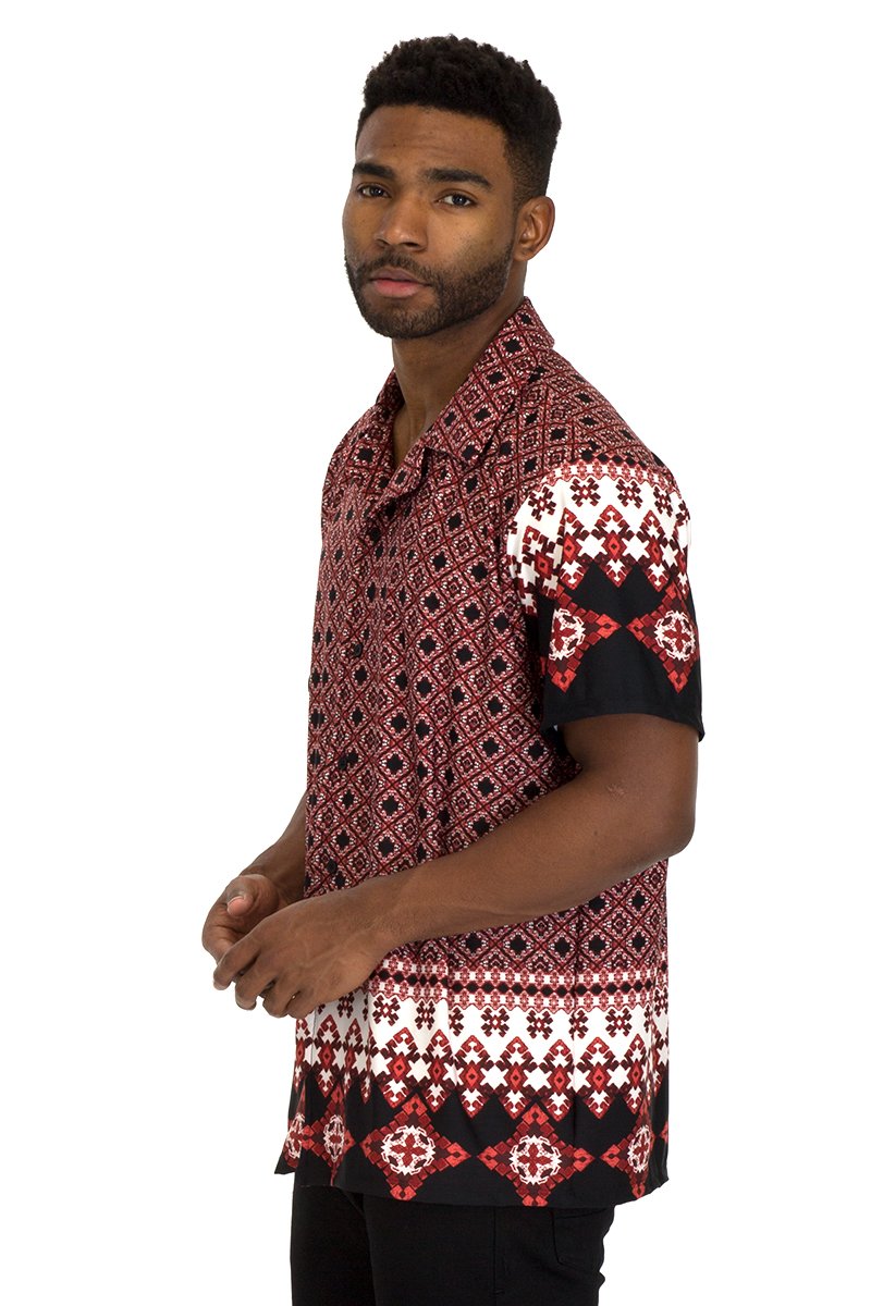 A stylish TRIBAL BUTTON DOWN SHIRT featuring a six-button closure and Cuban style fit, made from a comfortable polyester-spandex blend.