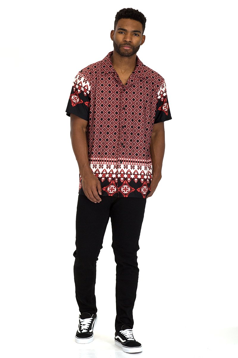 A stylish TRIBAL BUTTON DOWN SHIRT featuring a six-button closure and Cuban style fit, made from a comfortable polyester-spandex blend.