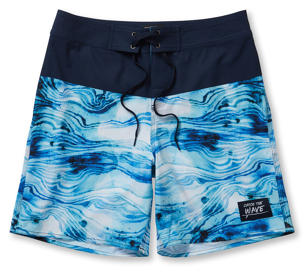 Tropical Blue Waves Boardshorts featuring vibrant blue wave design and comfortable fit.