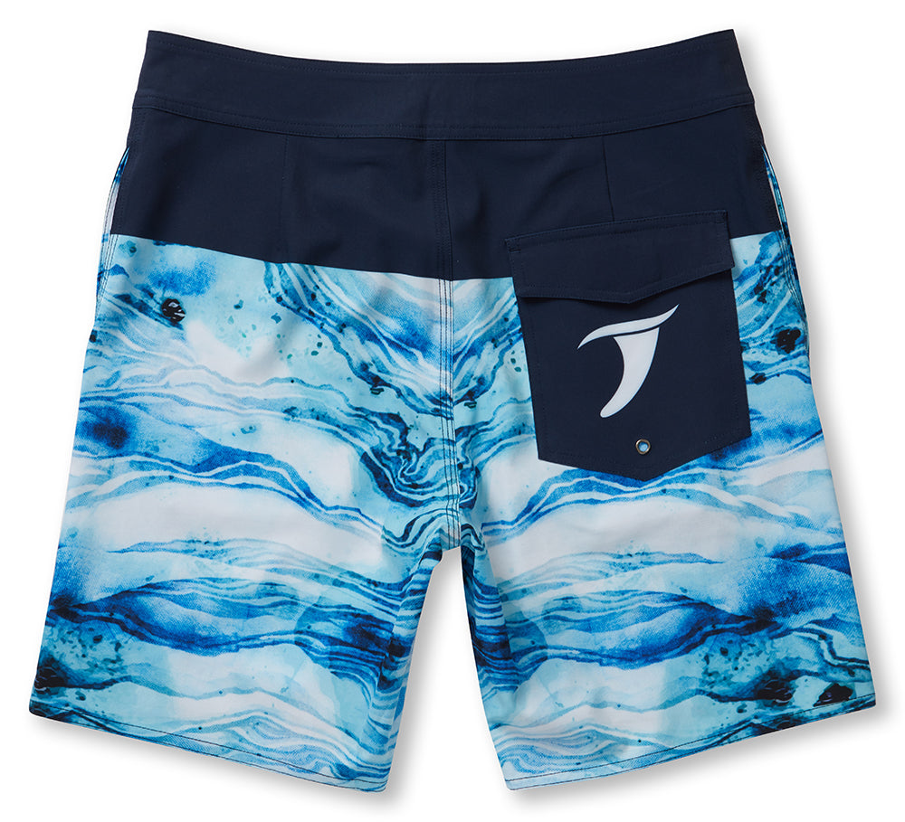 Tropical Blue Waves Boardshorts featuring vibrant blue wave design and comfortable fit.