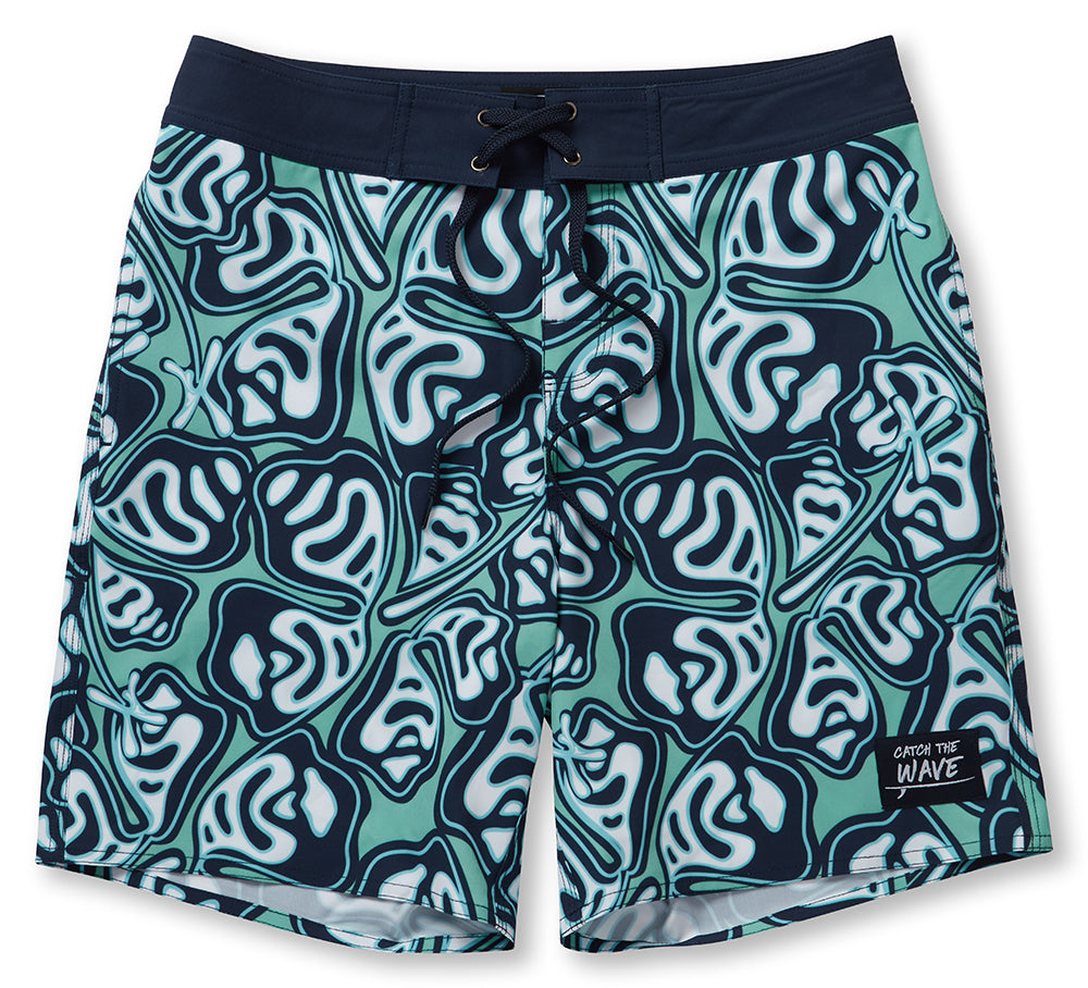 Tropical green and blue Hibiscus boardshorts with a drawstring waistband and three pockets, perfect for beach activities.