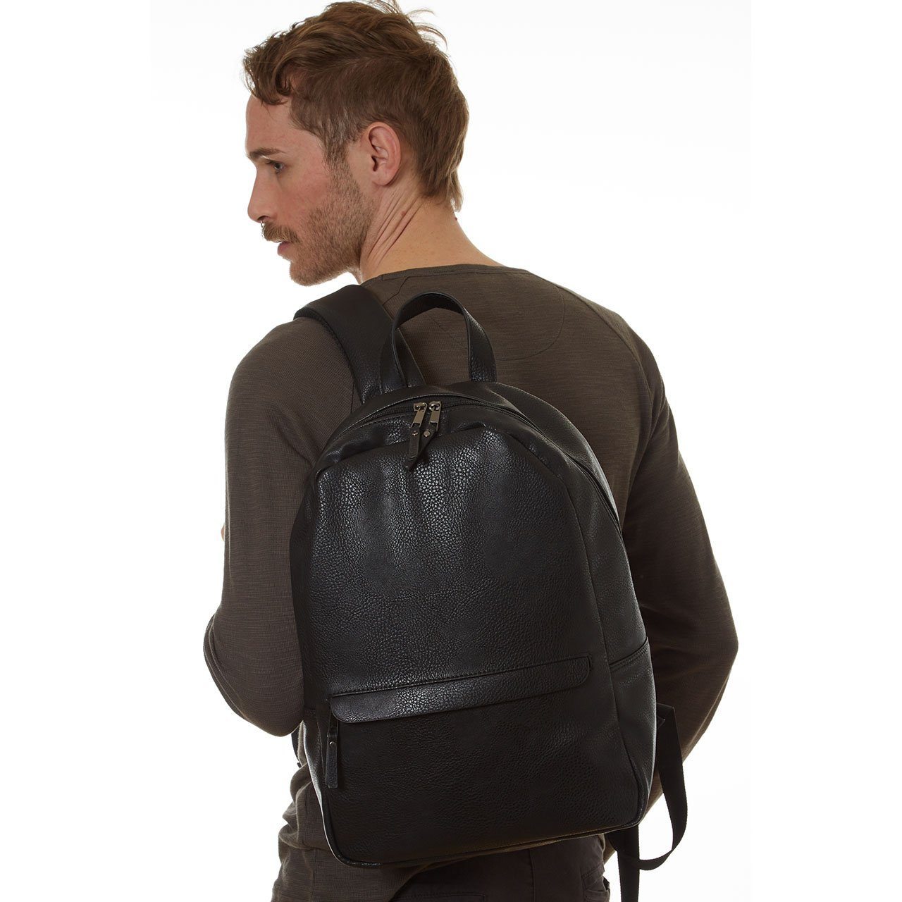 Tucker Vegan Leather Backpack featuring a sleek minimalist design, padded straps, and a soft laptop sleeve.